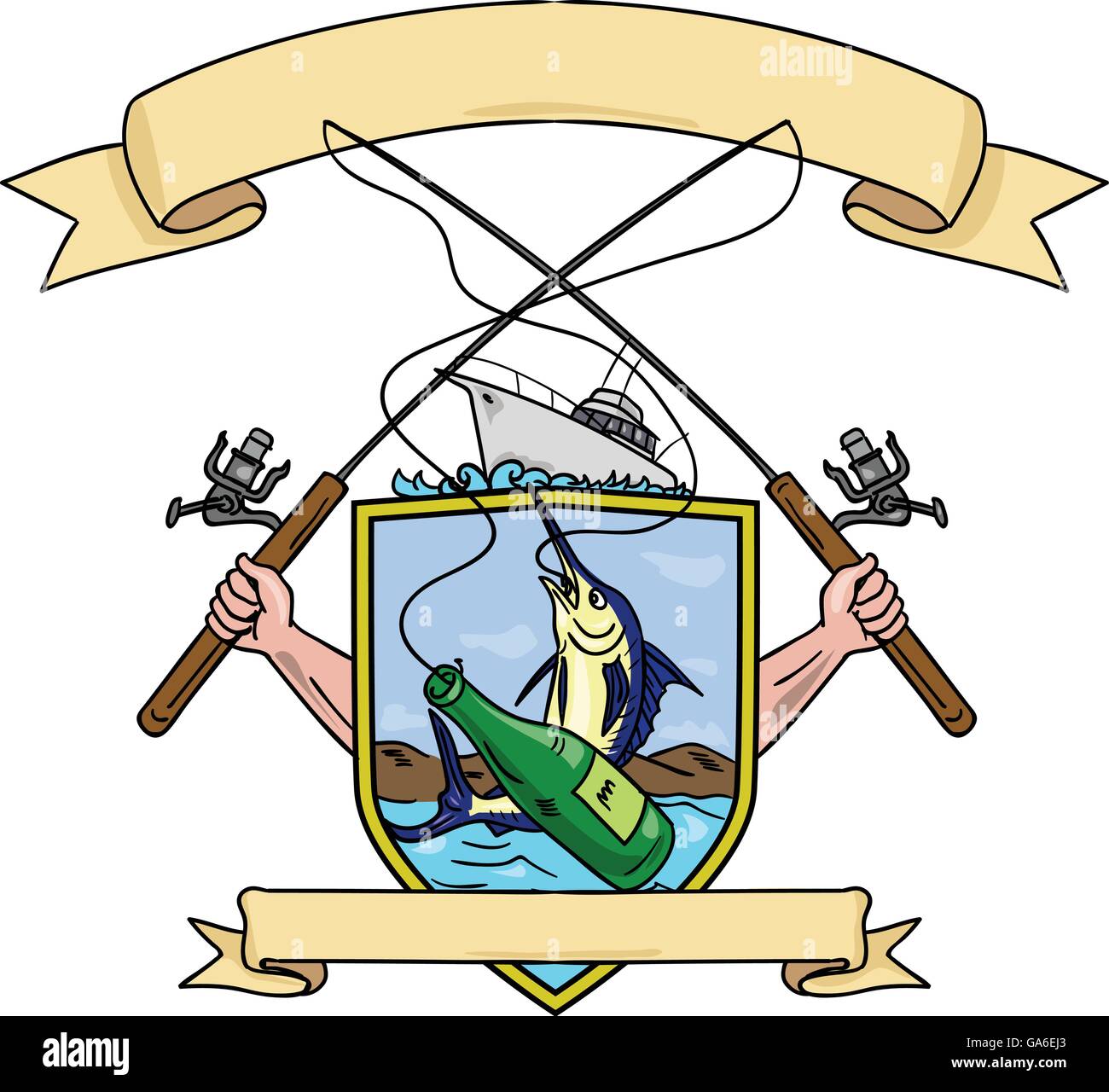 Zeichnung Skizze Stil Abbildung von Hand mit Angelrute und Rolle ein Bier Flasche und Blue Marlin Fisch mit Tiefsee einhaken Stock Vektor