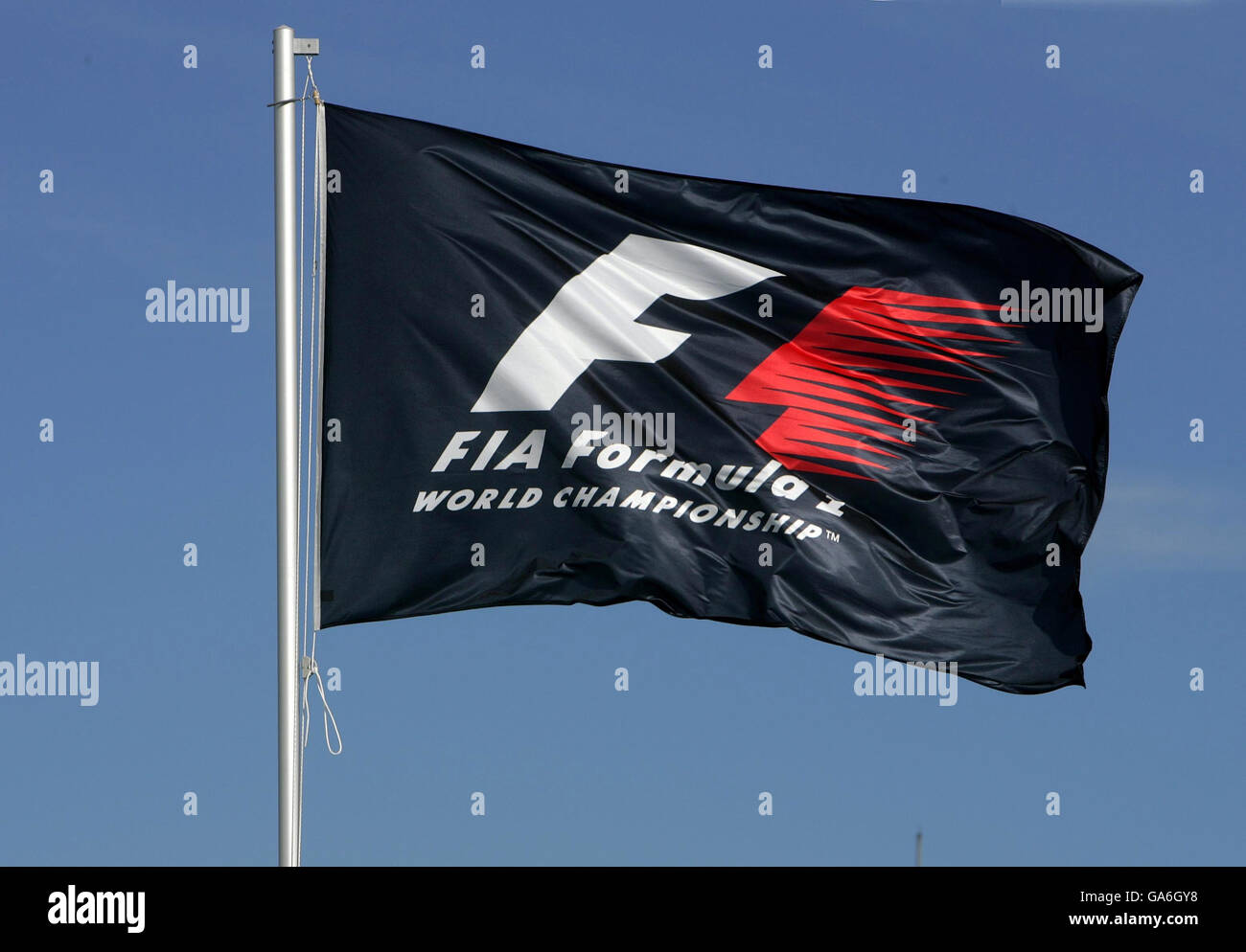 Formel-1-Motorsport - Großer Preis Von Europa - Nürburgring. Eine FIA Formel-1-WM-Flagge fliegt vor dem Grand Prix der Europäischen Formel 1 auf dem Nürburgring. Stockfoto