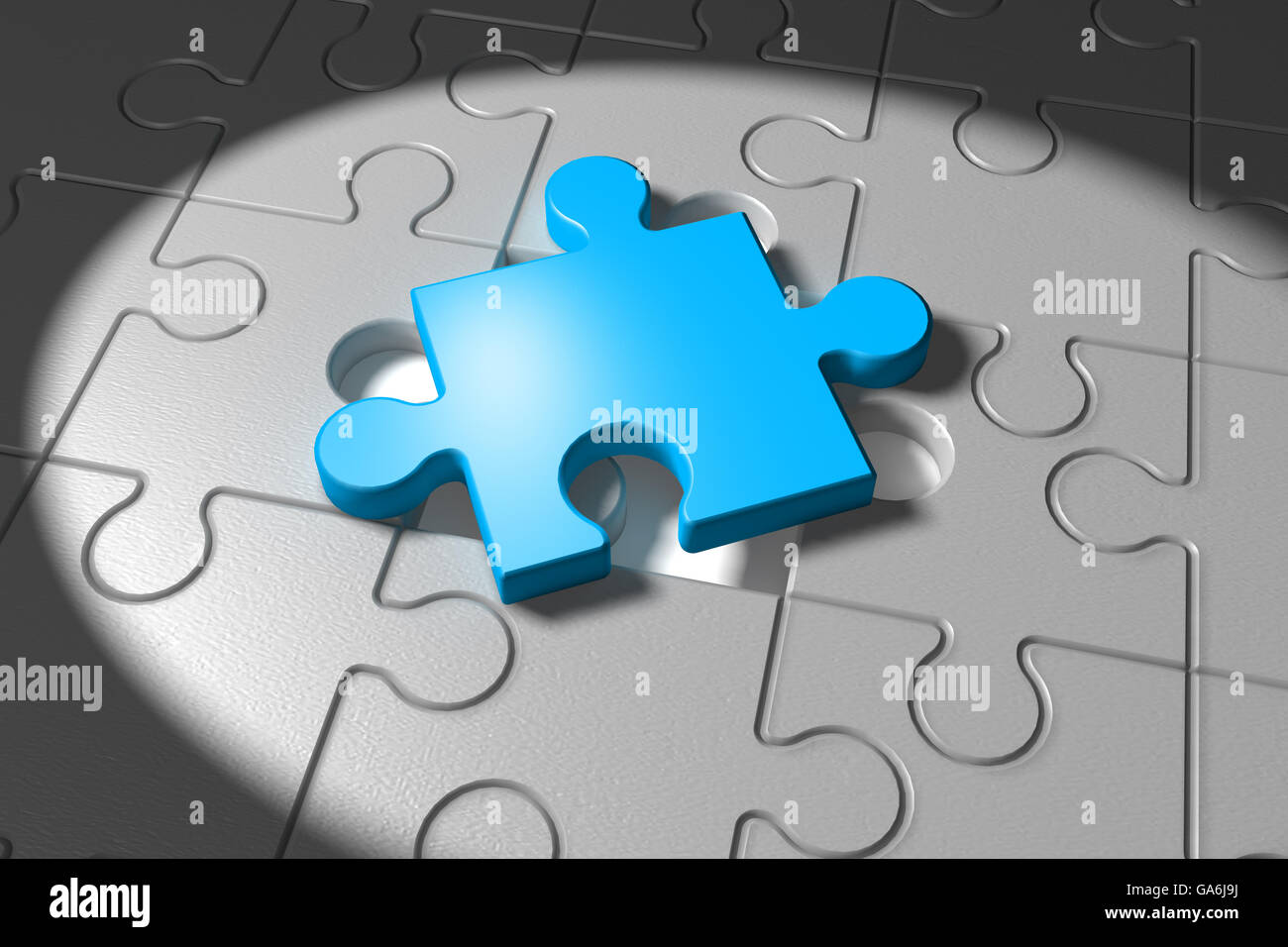 3D Abbildung grau Puzzle mit ein blaues Blatt in der Mitte Stockfoto