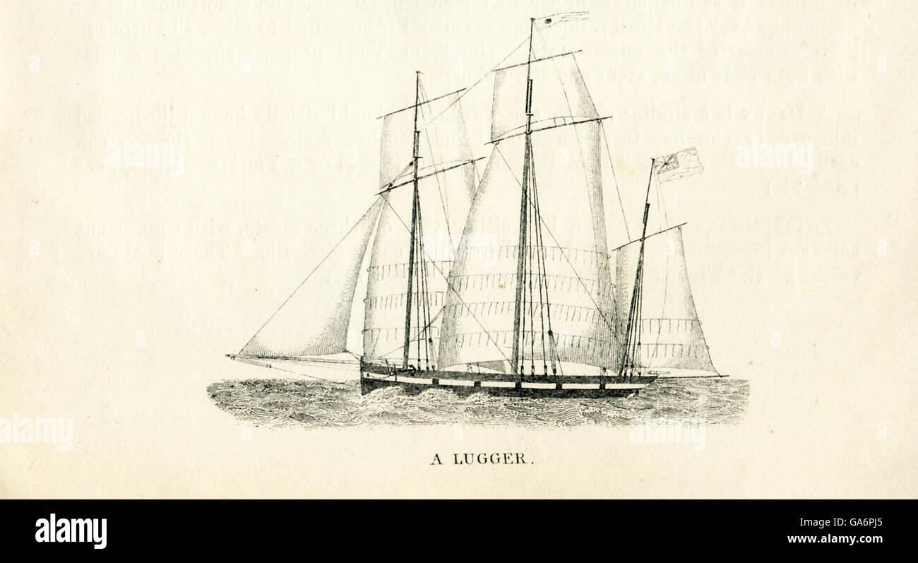 Das hier abgebildete Schiff ist ein Lugger. Die Abbildung stammt aus den 1800er Jahren. Stockfoto