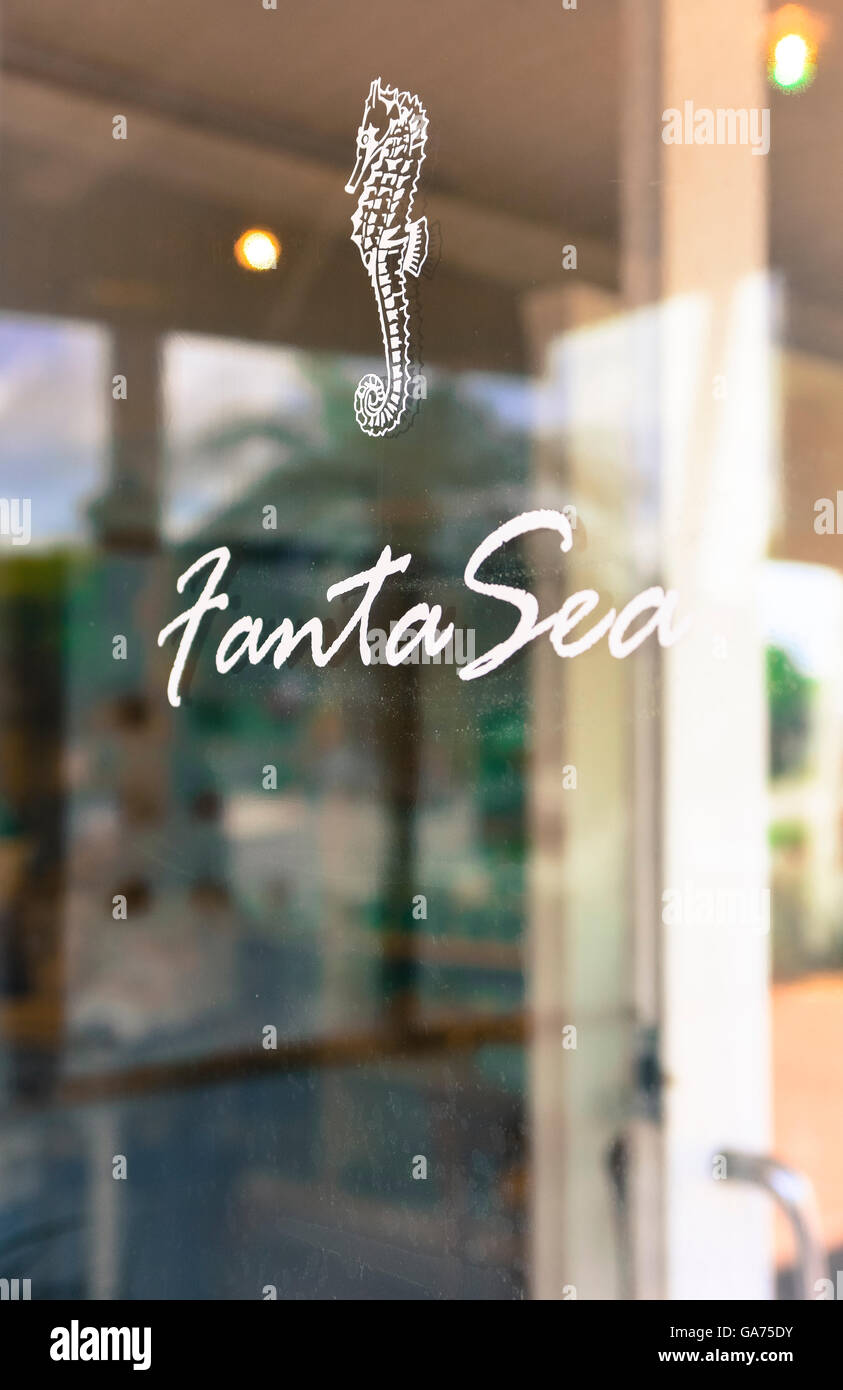 Ein grafisches Logo-Skript & Seepferdchen Aufkleber auf Schaufenster Tür des Fanta Sea, Wohnkultur Store auf St. Armands Circle in Sarasota, FL Stockfoto