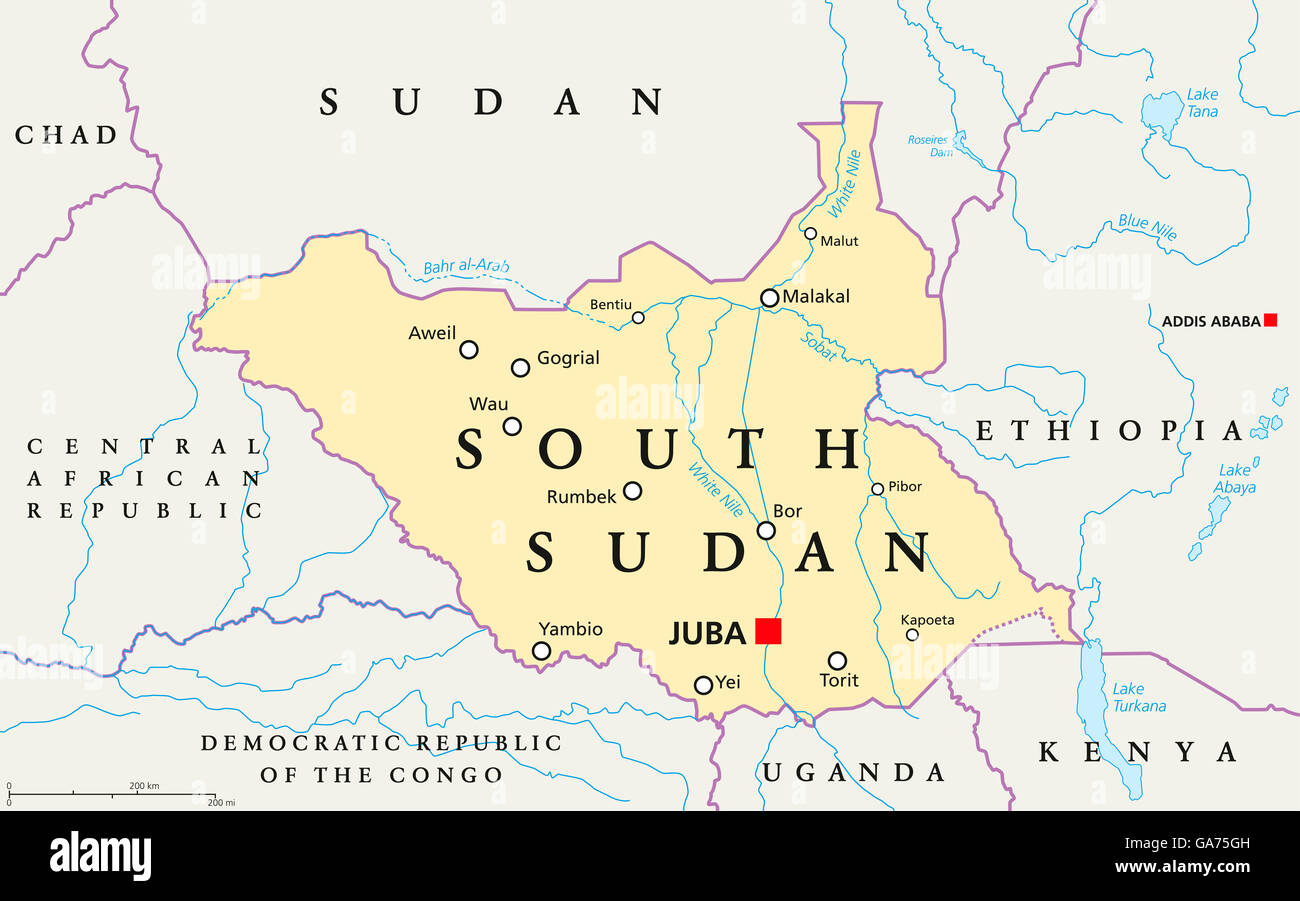 Süd-Sudan politische Karte mit Hauptstadt Juba, Landesgrenzen, wichtige Städte, Flüsse und Seen. Englische Beschriftung und Skalierung. Stockfoto