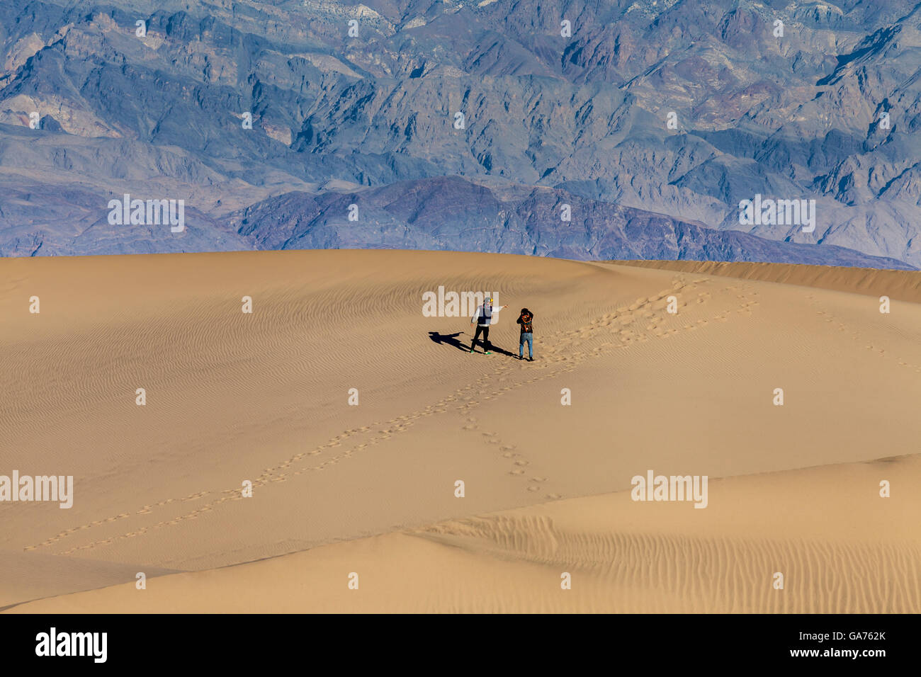 Zwei Männer auf einer Sanddüne in Mesquite Sand Dunes in Death Valley Nationalpark, Kalifornien, USA Stockfoto