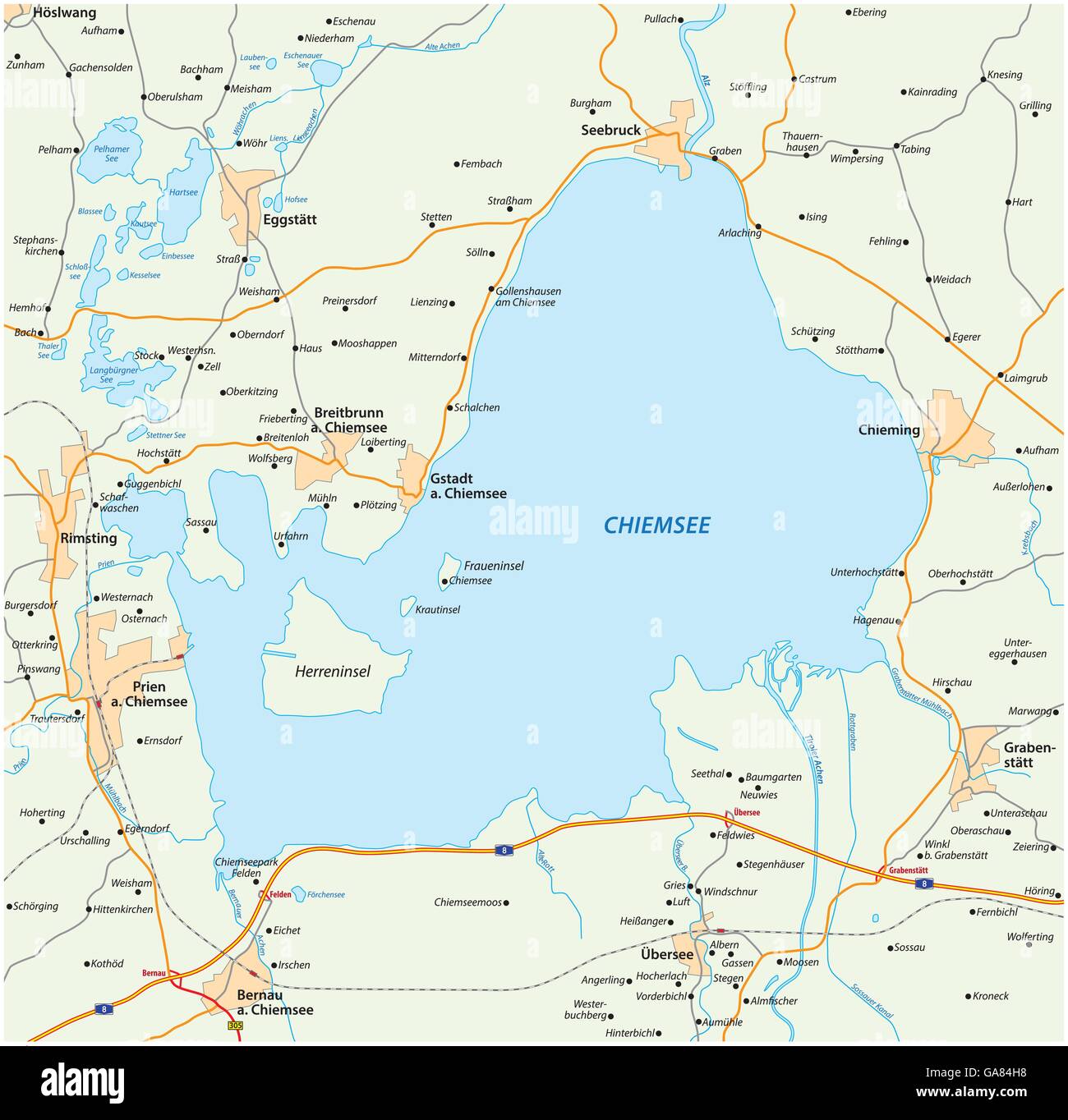 Vektor-Straßenkarte der bayerischen See Chiemsee, Deutschland Stock