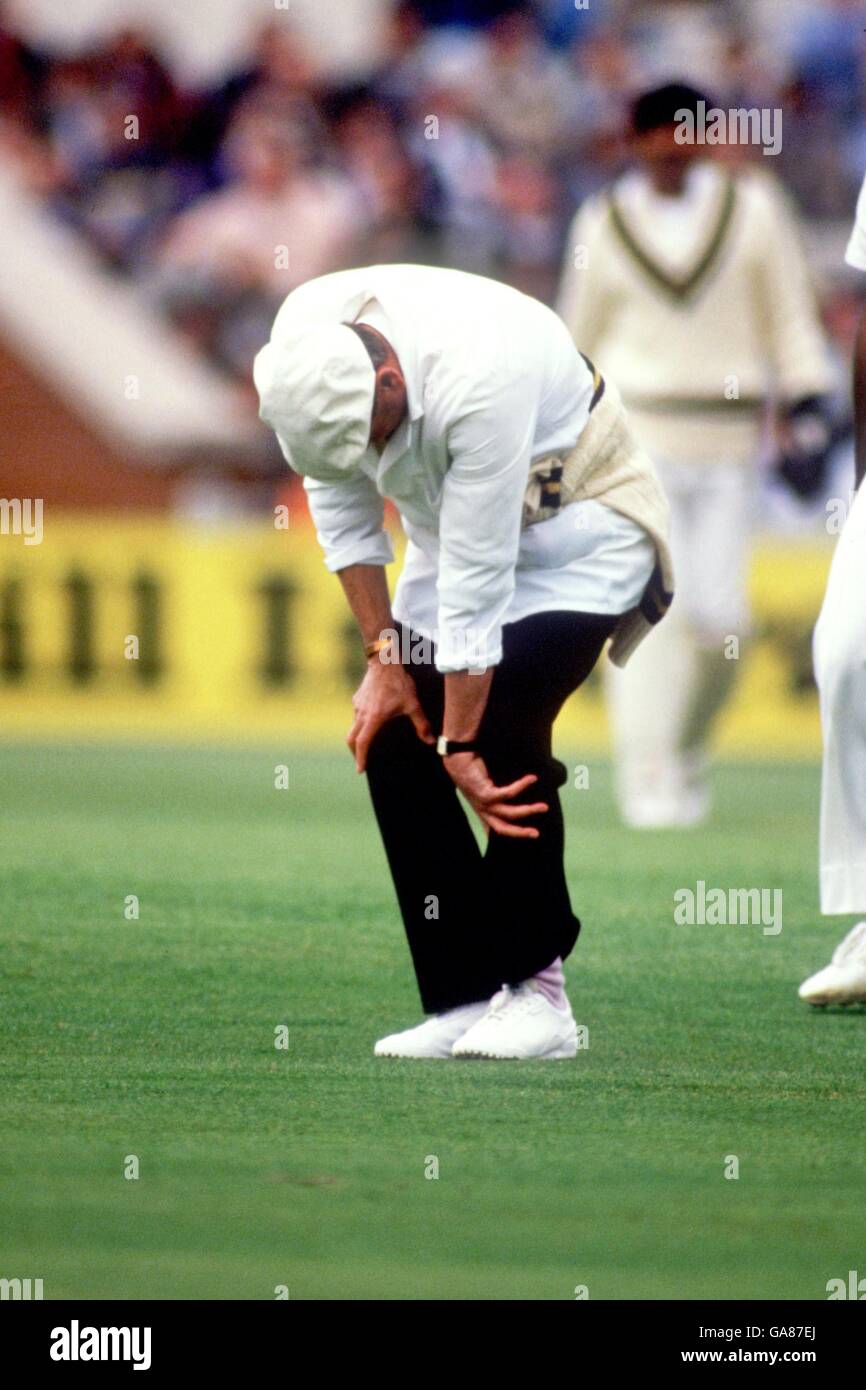 Cricket - erster Test - England gegen Pakistan - Vierter Tag. Der Schiedsrichter Harold 'Dickie' Bird greift sich qualvoll an sein Bein, nachdem er vom Ball auf das Schienbein geschlagen wurde Stockfoto