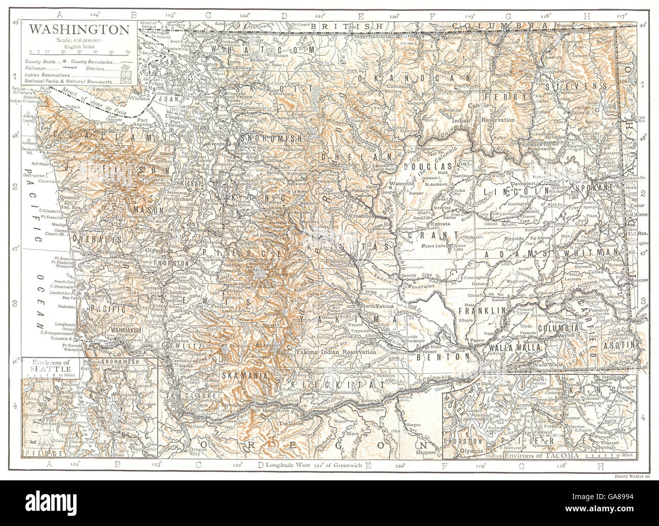 WASHINGTON STATE: State Karte zeigt Grafschaften. Inset Seattle; Tacoma, 1910 Stockfoto