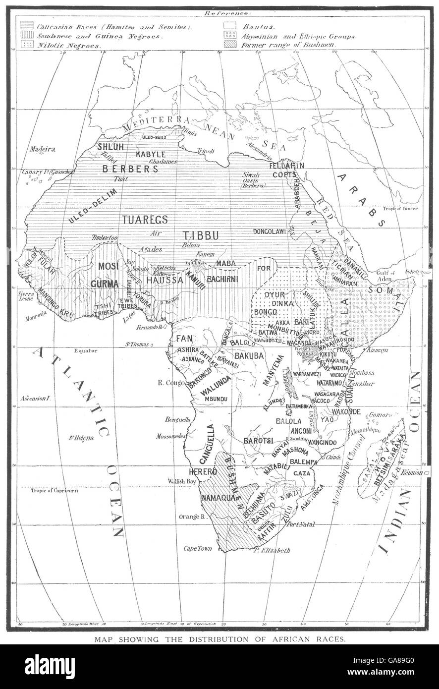 Afrika: Kartenskizze zeigt die Verteilung der afrikanischen Völker Stämme, 1900 Stockfoto