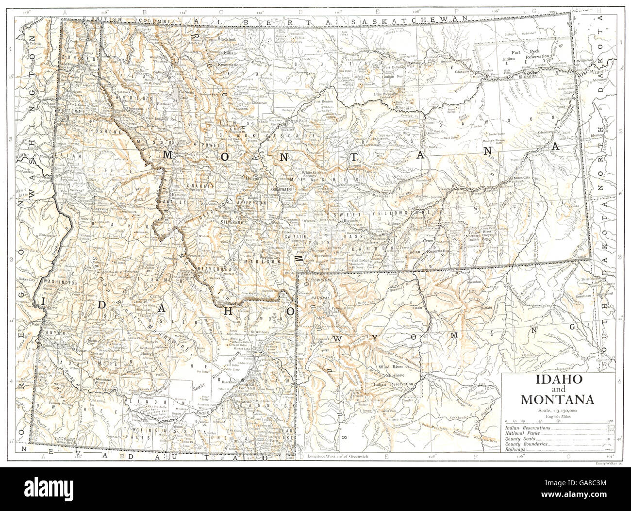 USA: Idaho und Montana; Stand Karte, 1910 Stockfoto