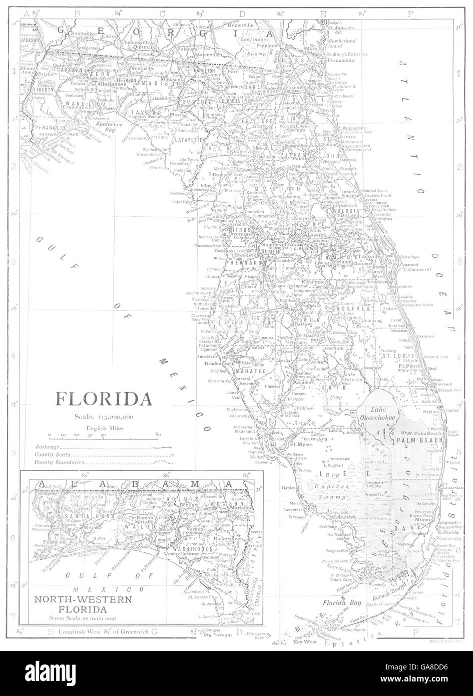 FLORIDA: State Karte mit Landkreisen, 1910 Stockfoto