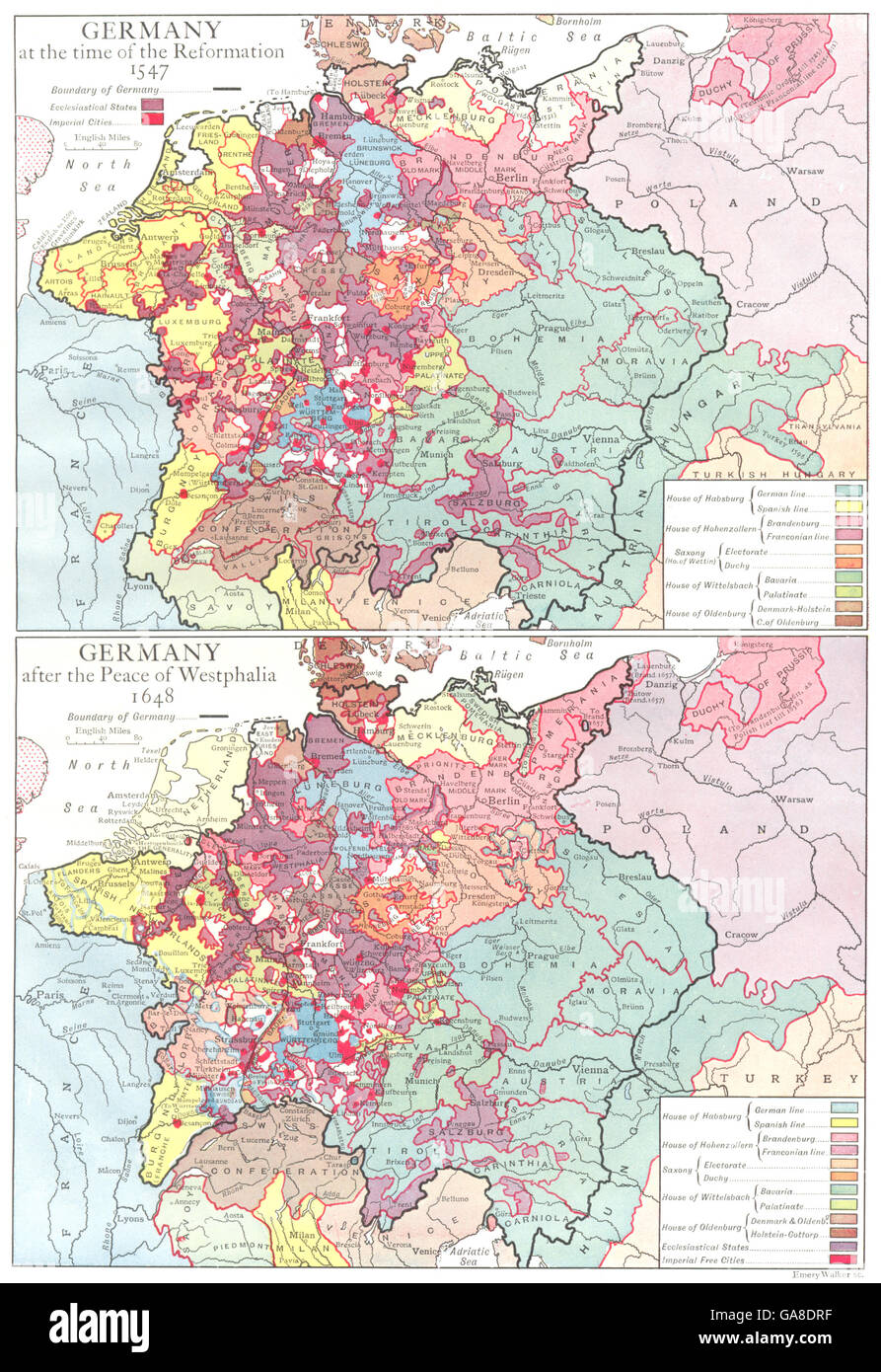 Deutschland: Bei Reformation 1547; nach dem Frieden von Westfalen 1648., 1910 alte Karte Stockfoto