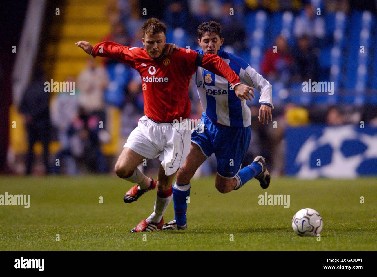 David Beckham von Manchester United und Sanchez Victor von Deportivo Stockfoto