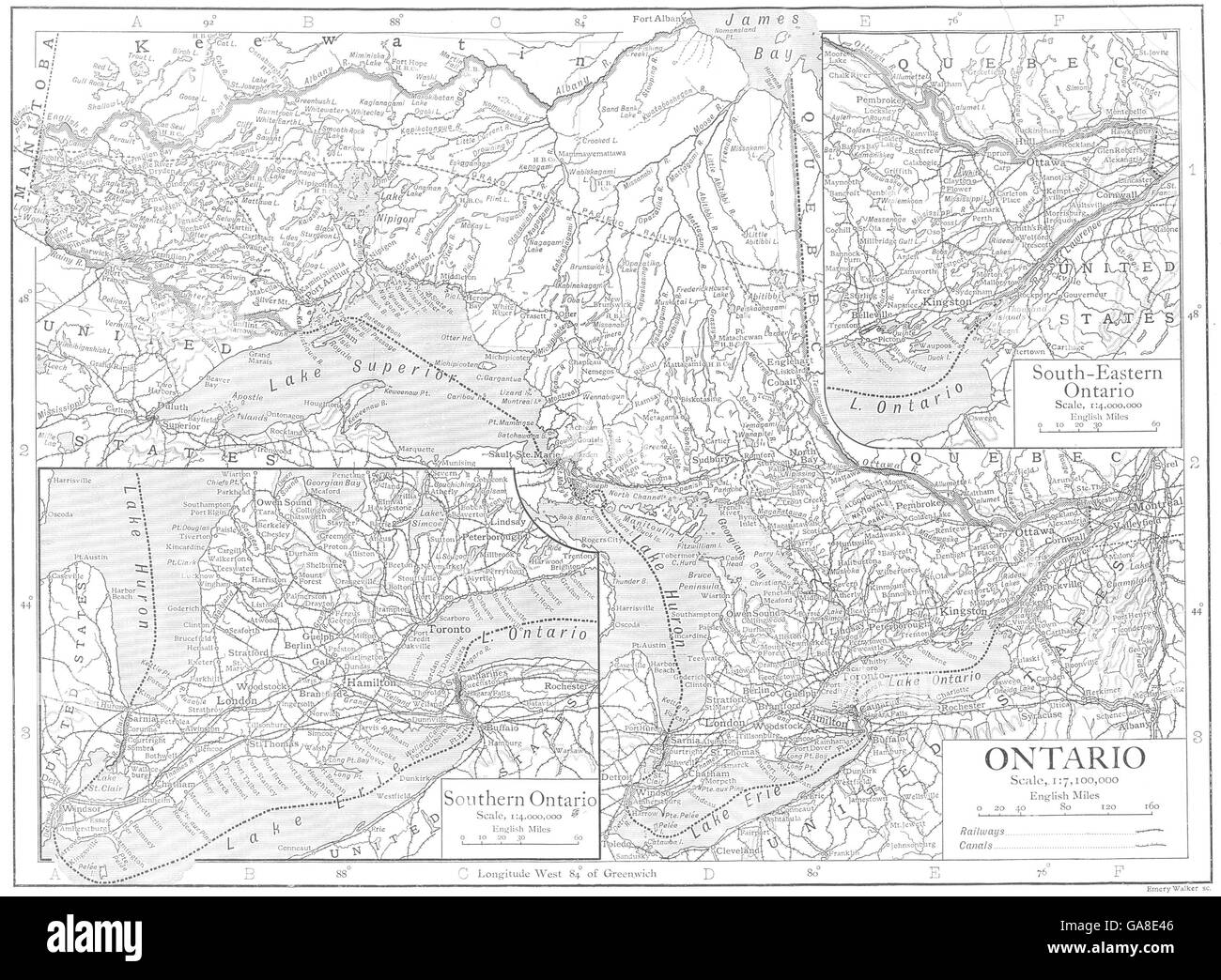 Kanada: Ontario; Inset Südontario; Süd-Ost-Ontario, 1910 alte Karte Stockfoto