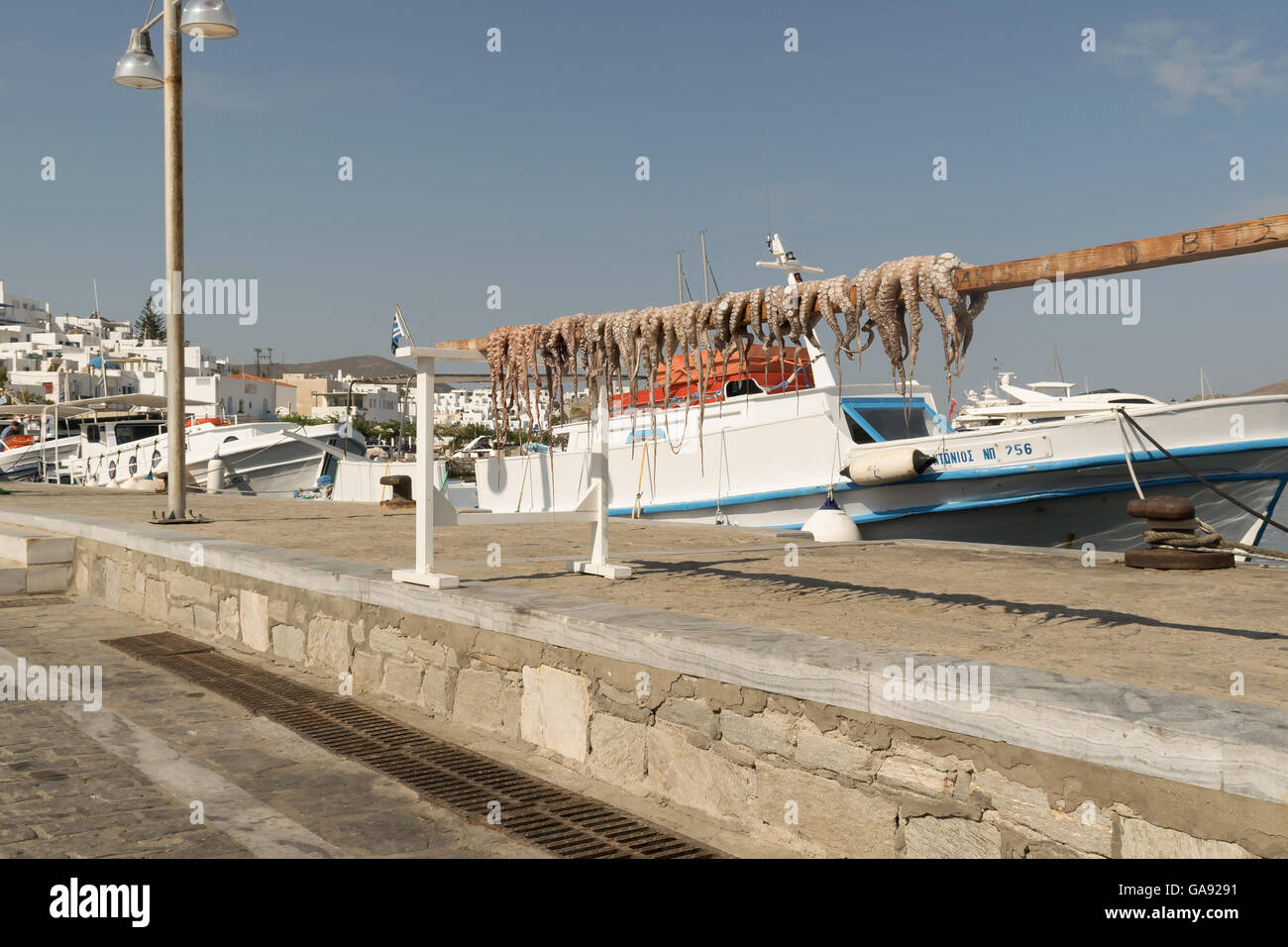 Paros, Griechenland, 15. August 2015. Oktopus in der Sonne getrocknet gegen das Meer und ein Fischerboot. Stockfoto