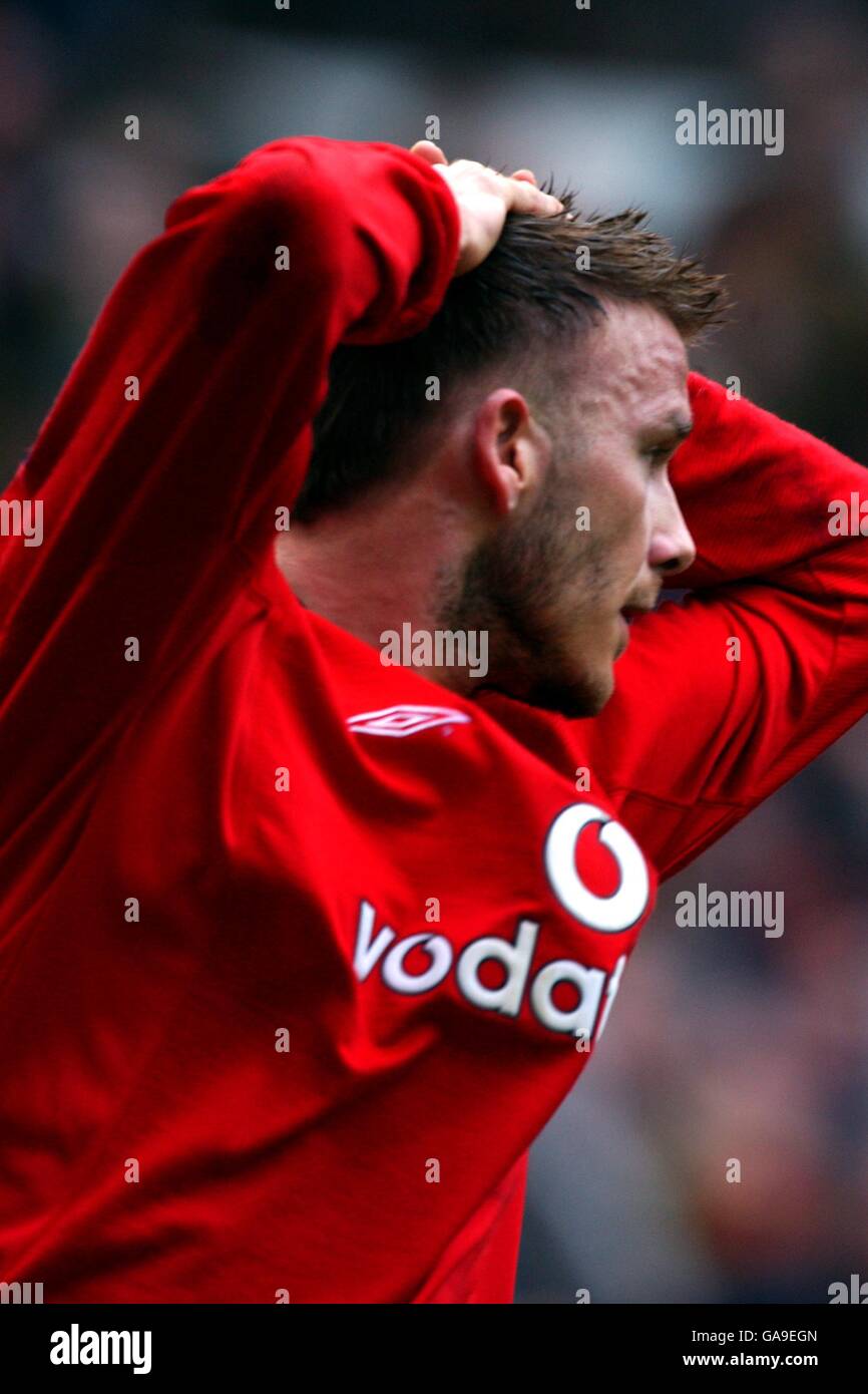 Fußball - FA Barclaycard Premiership - Manchester United / Middlesbrough. David Beckham von Manchester United nach einer weiteren verpassten Chance Stockfoto