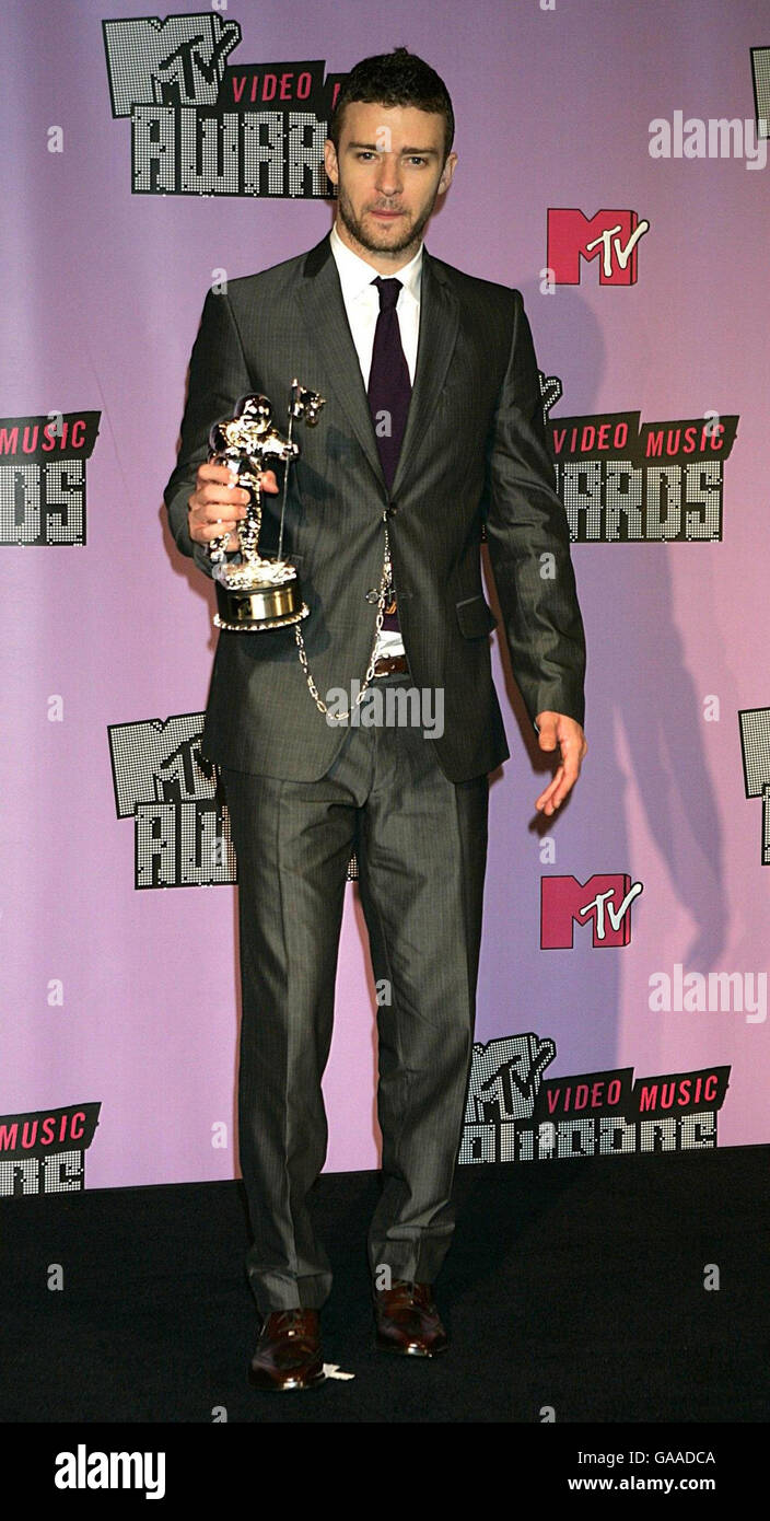 Justin Timberlake, Gewinner von vier MTV VMA Awards, darunter Male Artist of the Year, während der MTV Video Music Awards im Palms Casino Resort, Las Vegas. Stockfoto