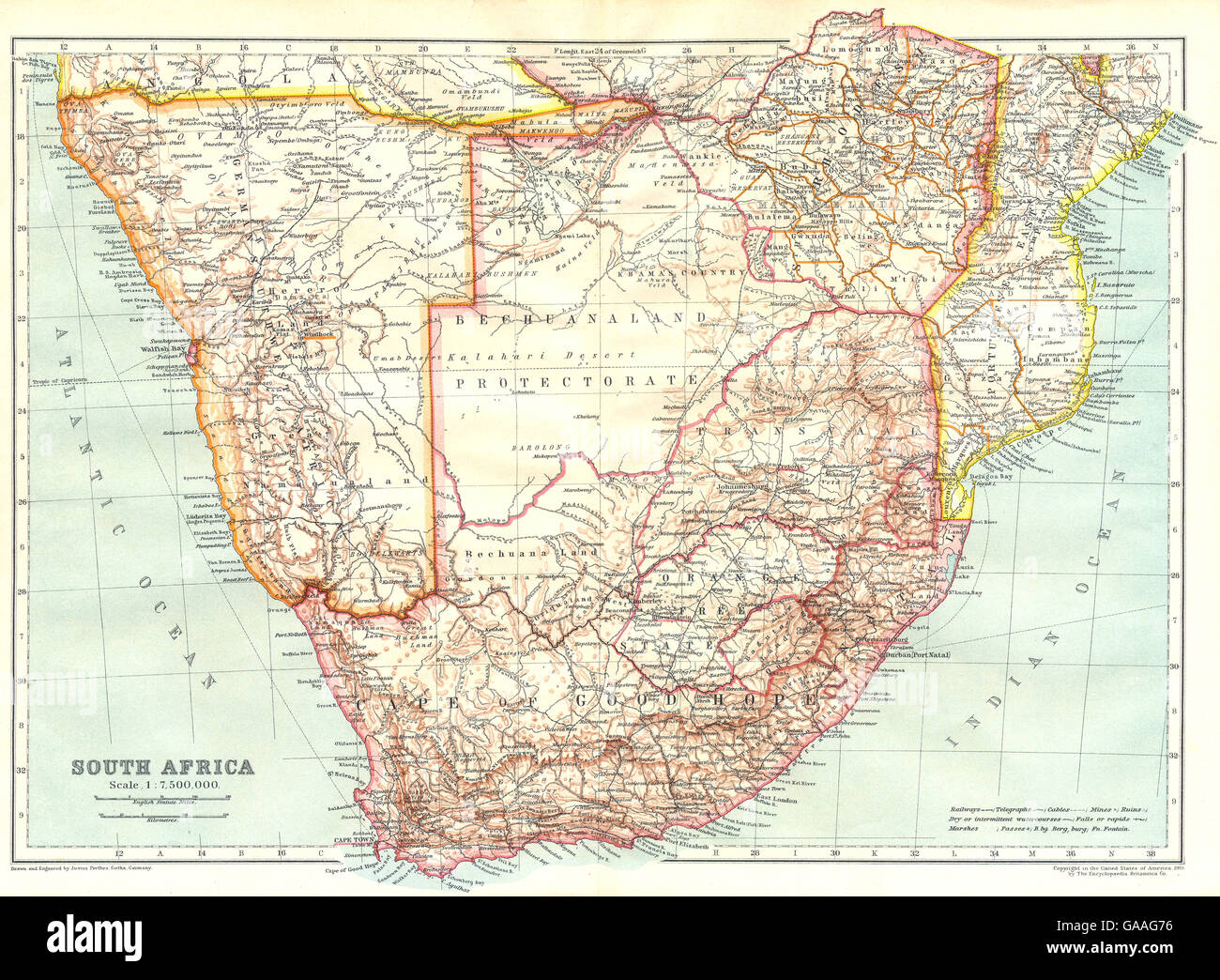 Südliches Afrika: Süd Afrika Namibia Botswana Mosambik Rhodesien, 1910-Karte Stockfoto