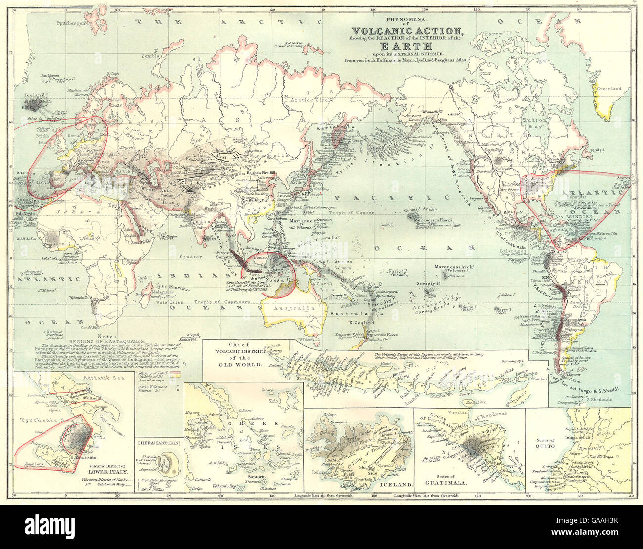 Vulkane: Welt: Italien; Santorini; Griechenland; Island; Guatemala; Quito, 1881-Karte Stockfoto