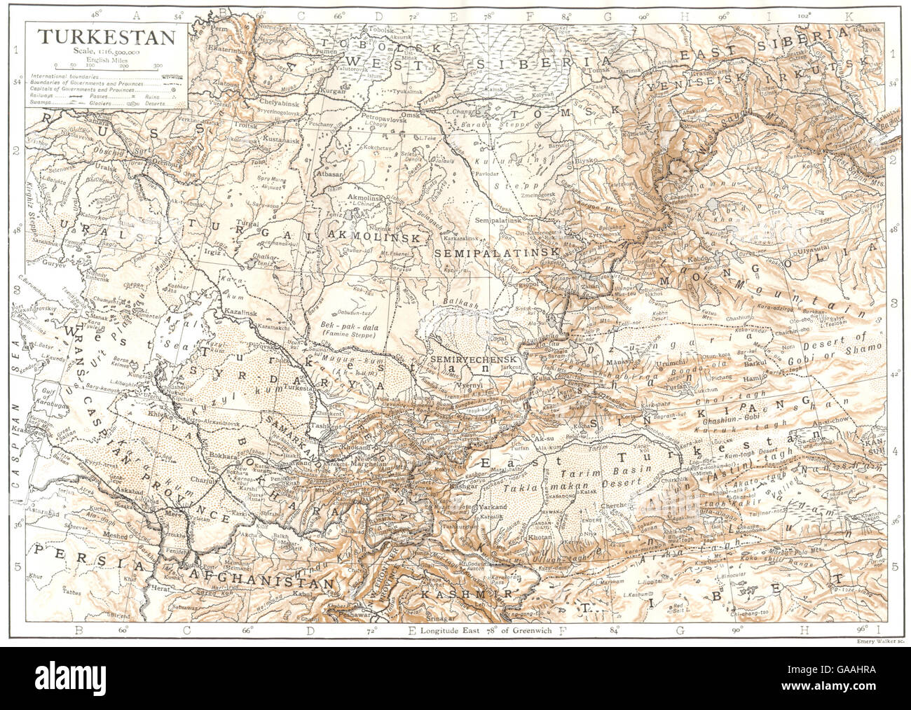 Zentralasien: Turkestan: Kasachstan Usbekistan Mongolei Turkmenistan, 1910-Karte Stockfoto