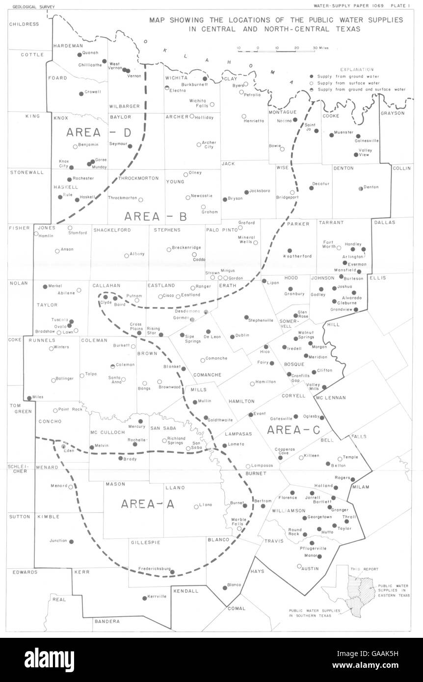 TEXAS: öffentliche Wasserversorgung in Mittel- und Nord-Zentral-Texas, 1944 alte Karte Stockfoto