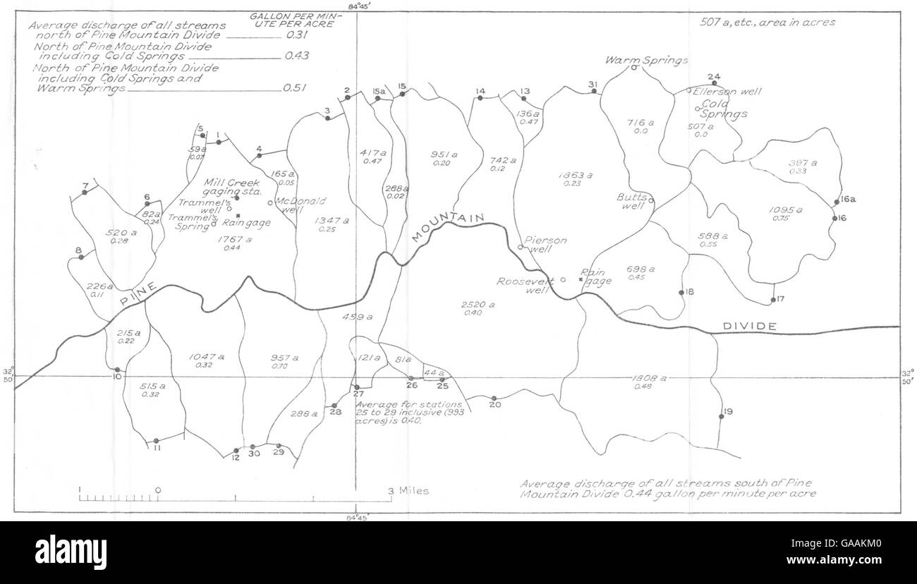 GEORGIA, USA: Warm Springs; Pine Mountain Entwässerung Entlastung 1934 / 35, 1935 Karte Stockfoto