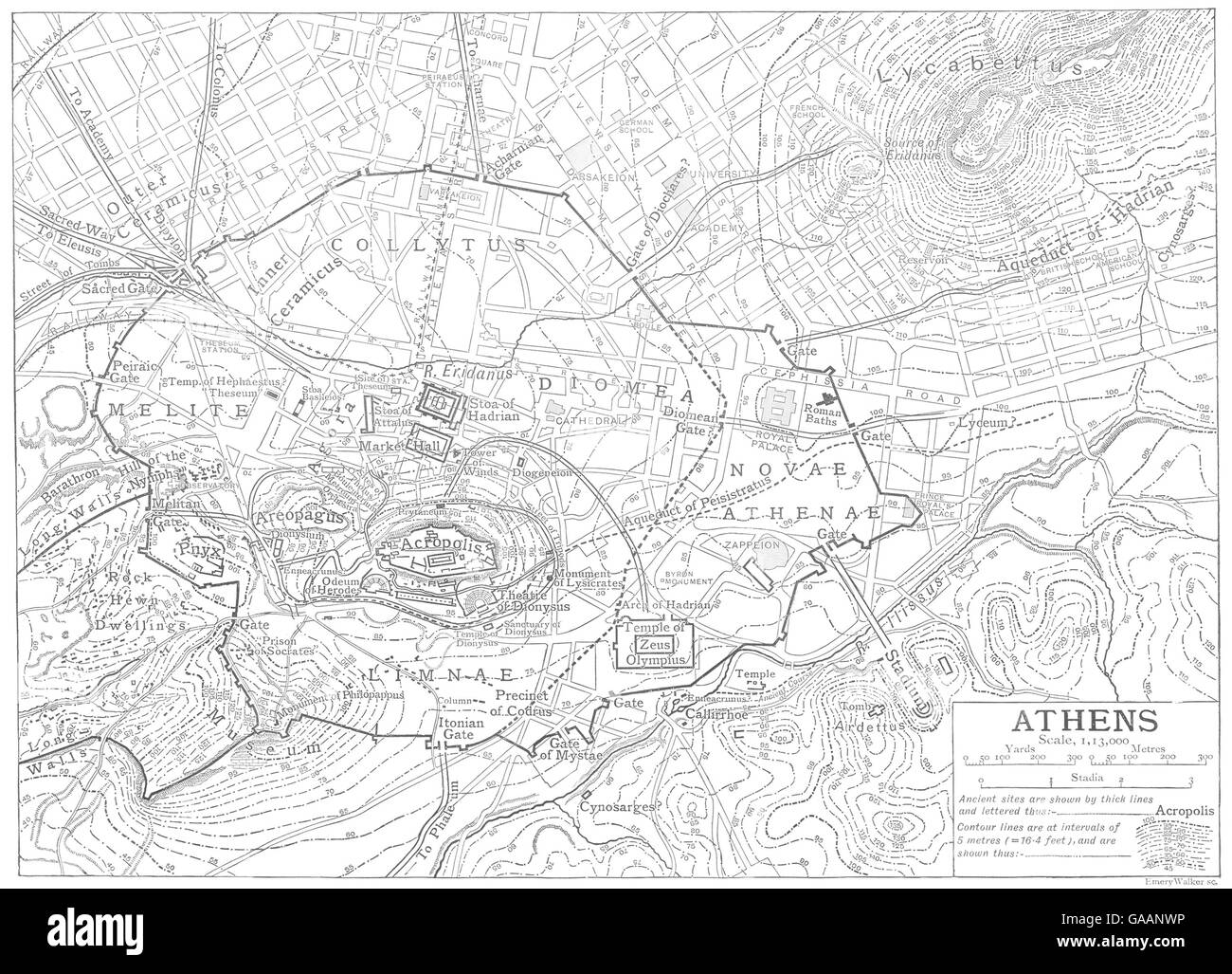 Griechenland: Athen Stadtplan, 1910 Antik Karte Stockfoto