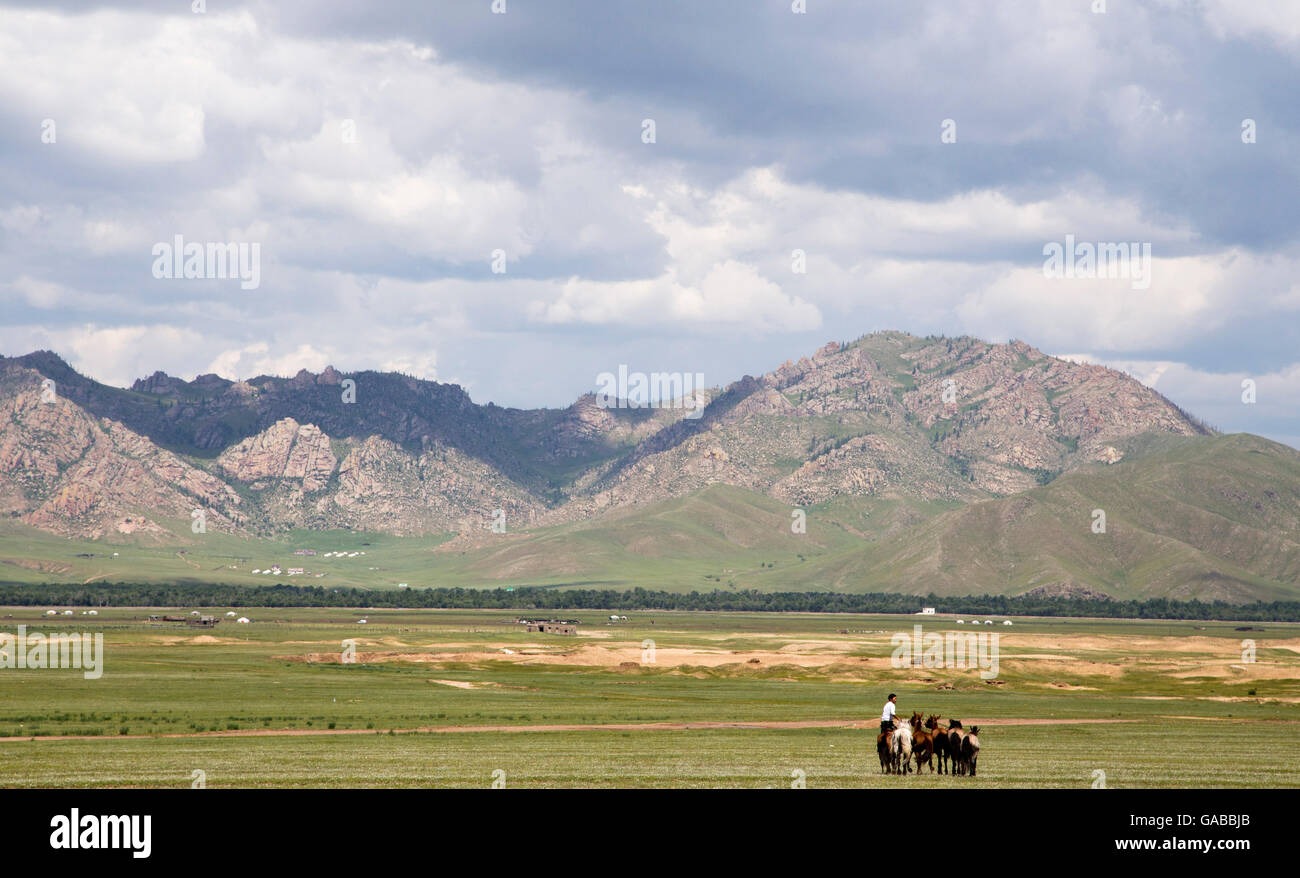 Steppen der Mongolei. Inneren Asiens. Atemberaubende Aussicht Himmel und Berge. (wilde Pferd und Reiter) Stockfoto