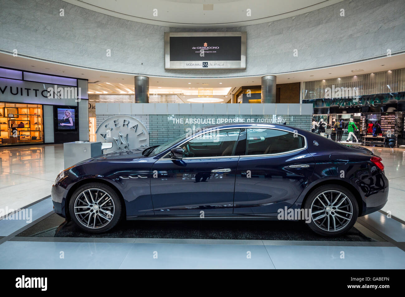 Maserati Ghibli, MODA Mall, Bahrain World Trade Center, Manama, Bahrain. Stockfoto