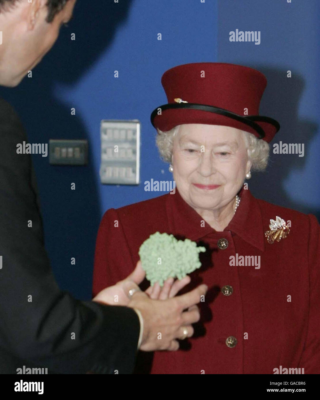 Queen Elizabeth II. Während ihrer Tour durch die neue Diamond Light Source in Didcot in Oxfordshire. Die Königin wird mit einem Modell eines 'Grippe Virus' (grüner Blob) während der Tour durch die Anlage, die das neue Diamond Light Source Synchrotron beherbergt, abgebildet. Stockfoto