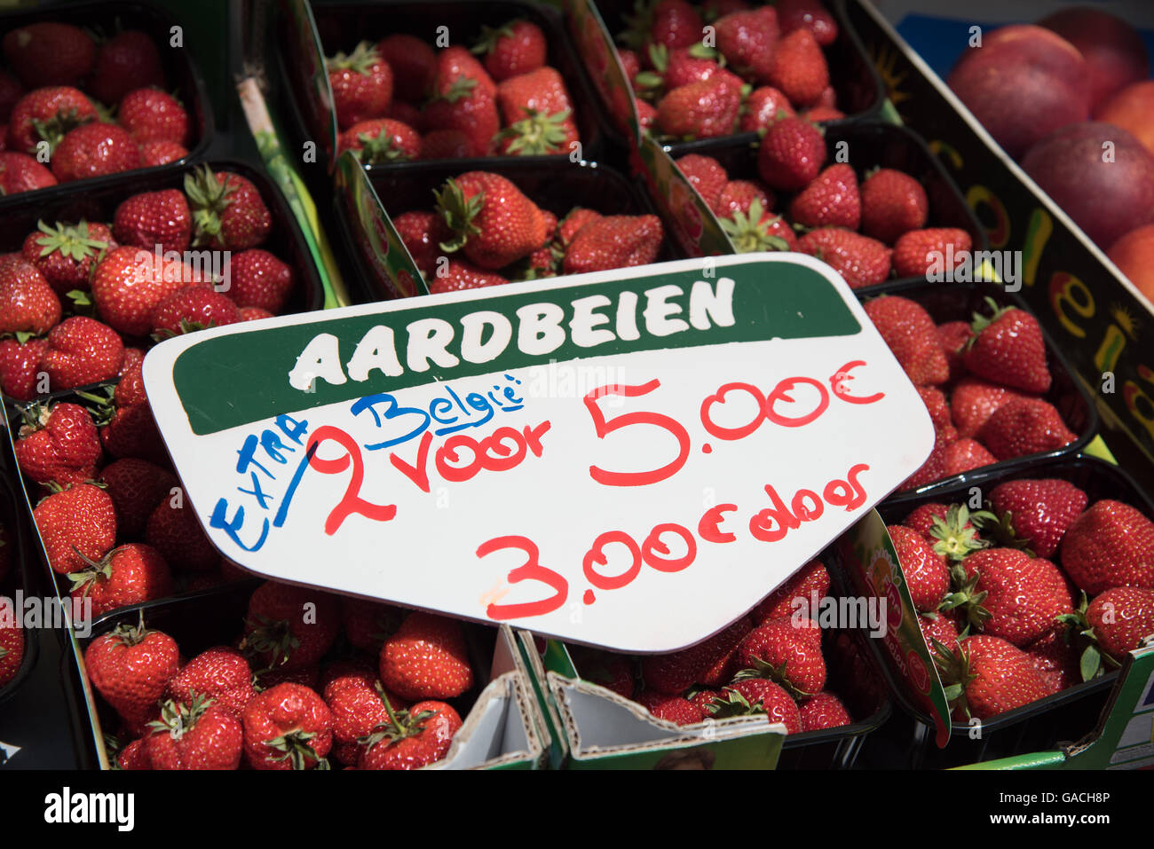 Frische Erdbeeren zum Verkauf am Samstag Markt, De Panne, Belgien Stockfoto