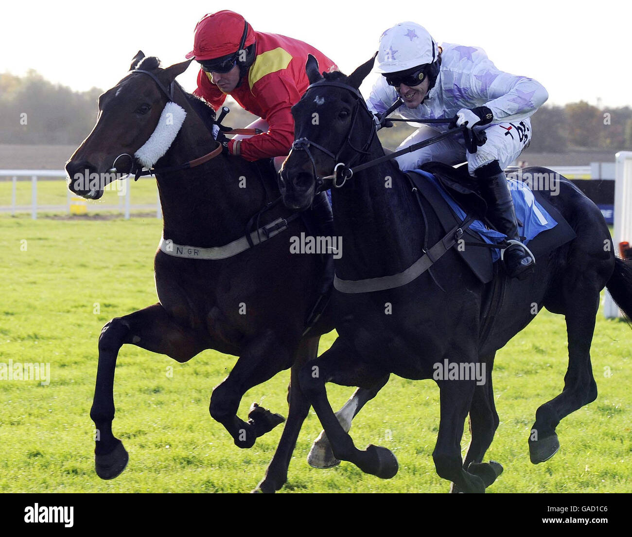 Black Jack Ketchum und Tony McCoy (rechts) werden Faasel und Brian Harding beim John Smiths Hurdle Race auf der Wetherby Racecourse noch besser. Stockfoto