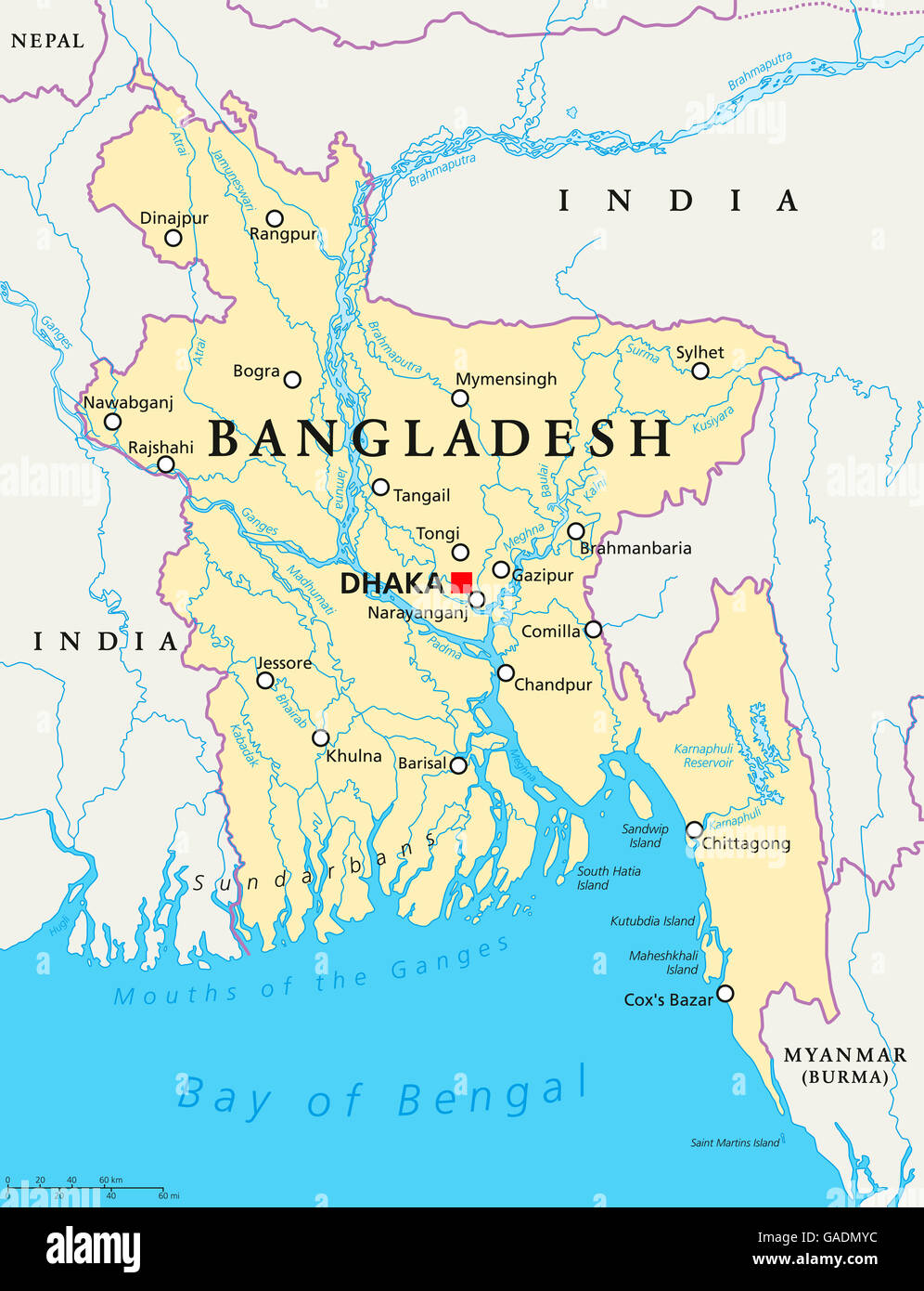 Bangladesch politische Karte mit Hauptstadt Dhaka, Landesgrenzen, wichtige Städte, Flüsse und Bangladesch politische Karte mit Hauptstadt Dhaka, Landesgrenzen, wichtige Städte, Flüsse und