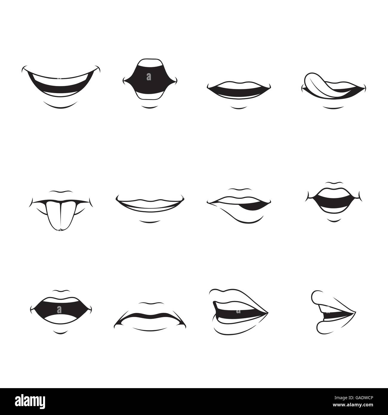 Mund-Set mit verschiedenen Ausdrücke, Monochrom, Orgel, Emoji, Gesichtsausdruck, menschliches Gesicht, Gefühl, Stimmung, Persönlichkeit, symbol Stock Vektor