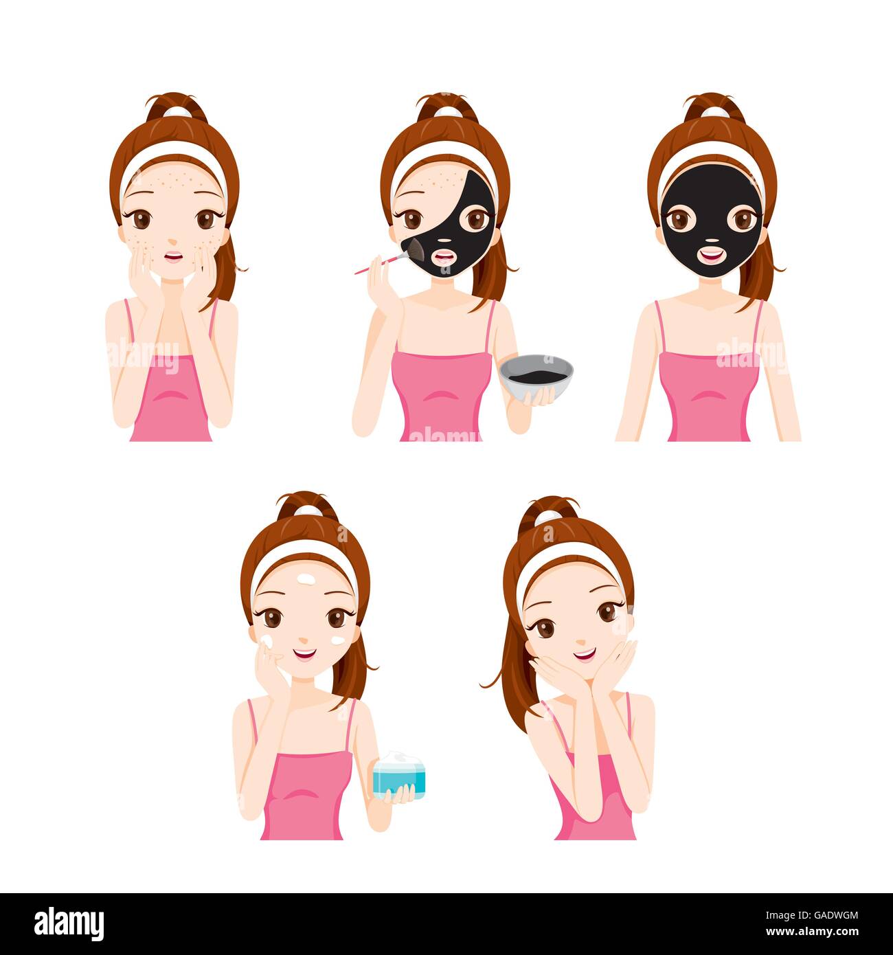 Mädchen pflegt und schützt ihr Gesicht mit verschiedenen Aktionen festgelegt, Gesichtsbehandlung, Kosmetik, Make-up, Gesundheit, Beauty, Lifestyle, Mode Stock Vektor