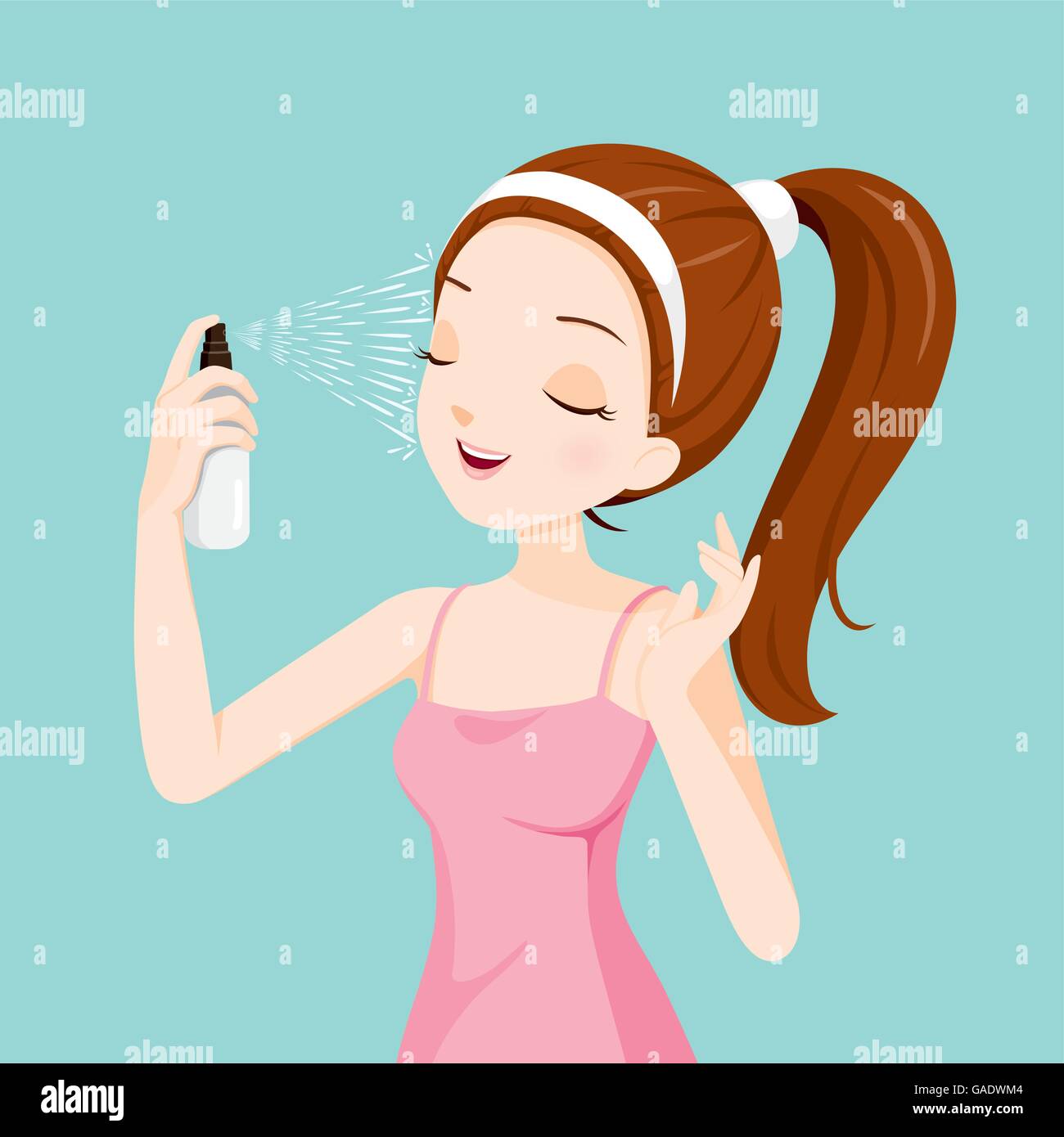 Mädchen spritzen Mineralwasser auf ihr Gesicht, Gesichtsbehandlung, Beauty, Haut, Kosmetik, Make-up, Gesundheit, Lifestyle, Mode Stock Vektor