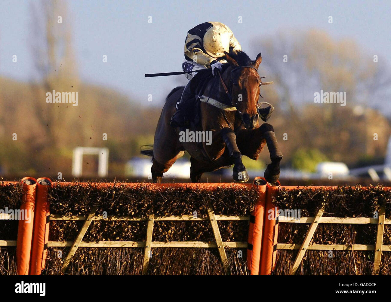 Denis O'Regan fährt Inglis Drever über den letzten und gewinnt die Long Distance Hurdle totesport.com auf der Rennbahn Newbury. Stockfoto