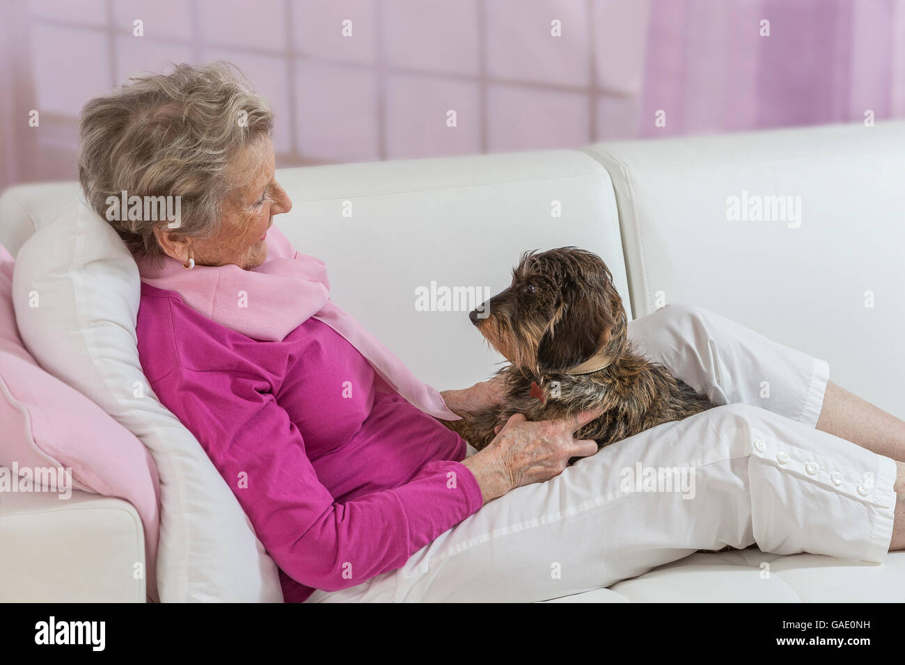Ältere Frau mit Hund auf Sofa Stockfoto