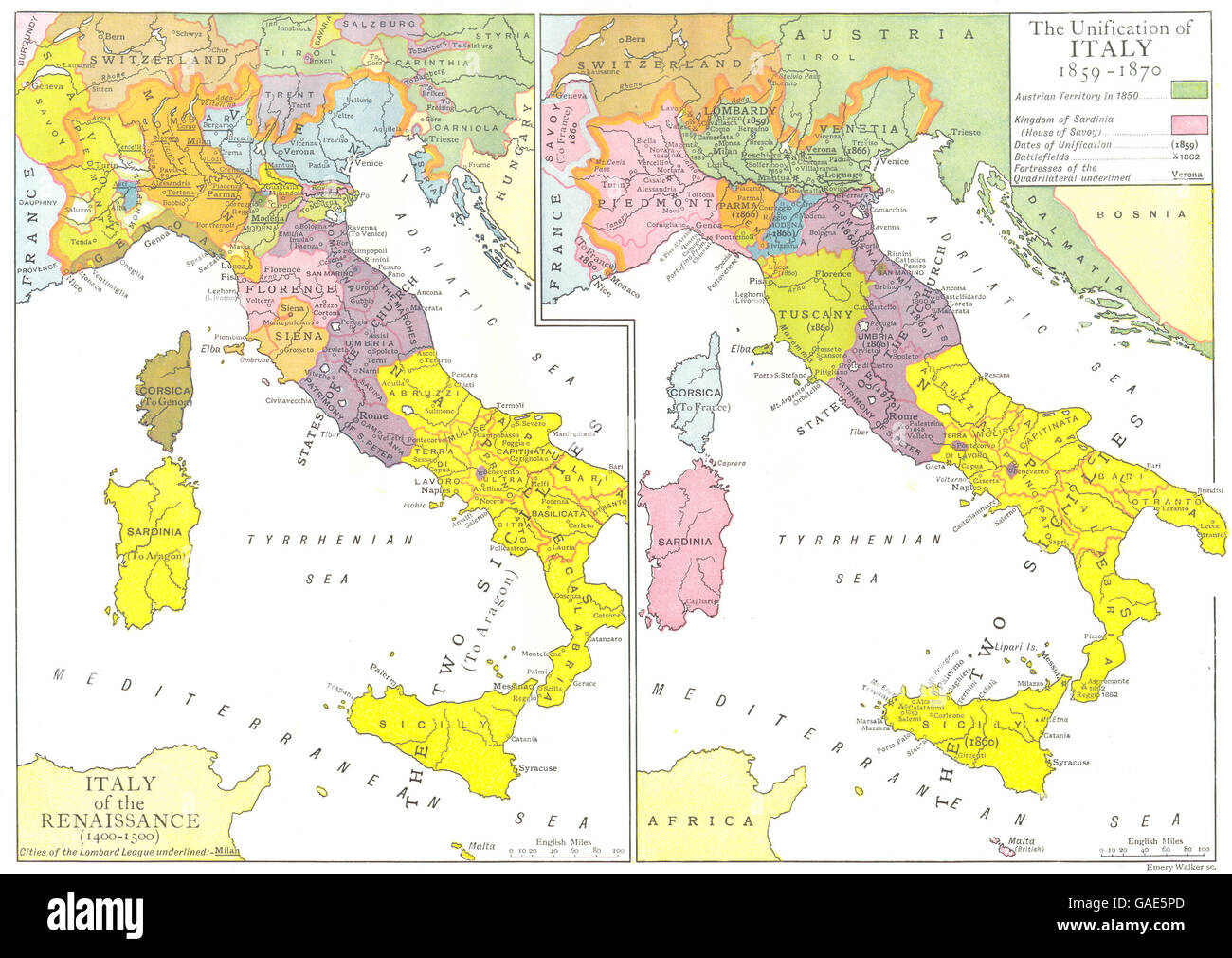 Italien: Der Renaissance (1400-1500); Vereinigung (1859-1870), 1910 Antike Landkarte Stockfoto