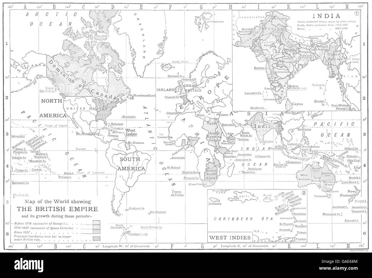 Welt: Wachstum des britischen Empire; Einschub-Indien; West Indies, 1910 alte Karte Stockfoto