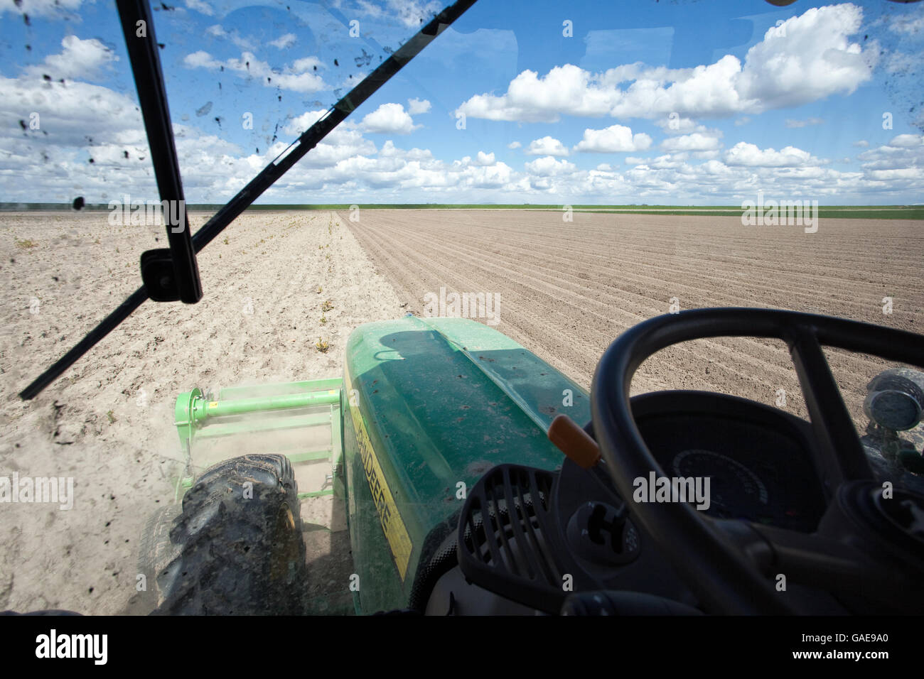 Hinter dem Lenkrad eines Traktors auf das Feld anzeigen Stockfoto