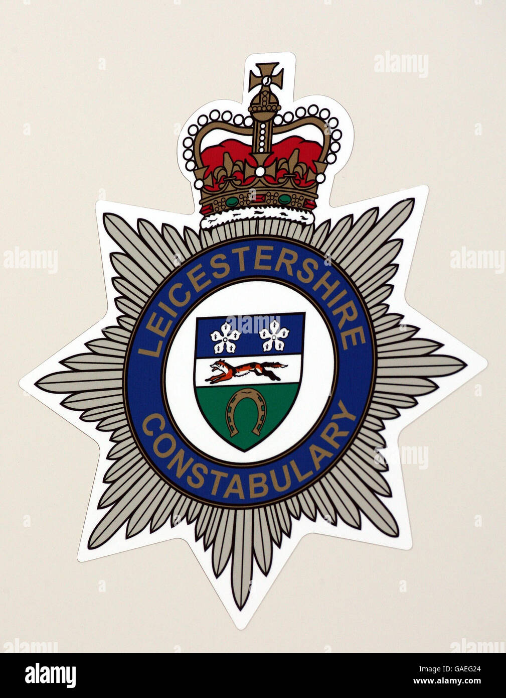 Blick auf den Kamm der Polizei von Leicestershire. Stockfoto