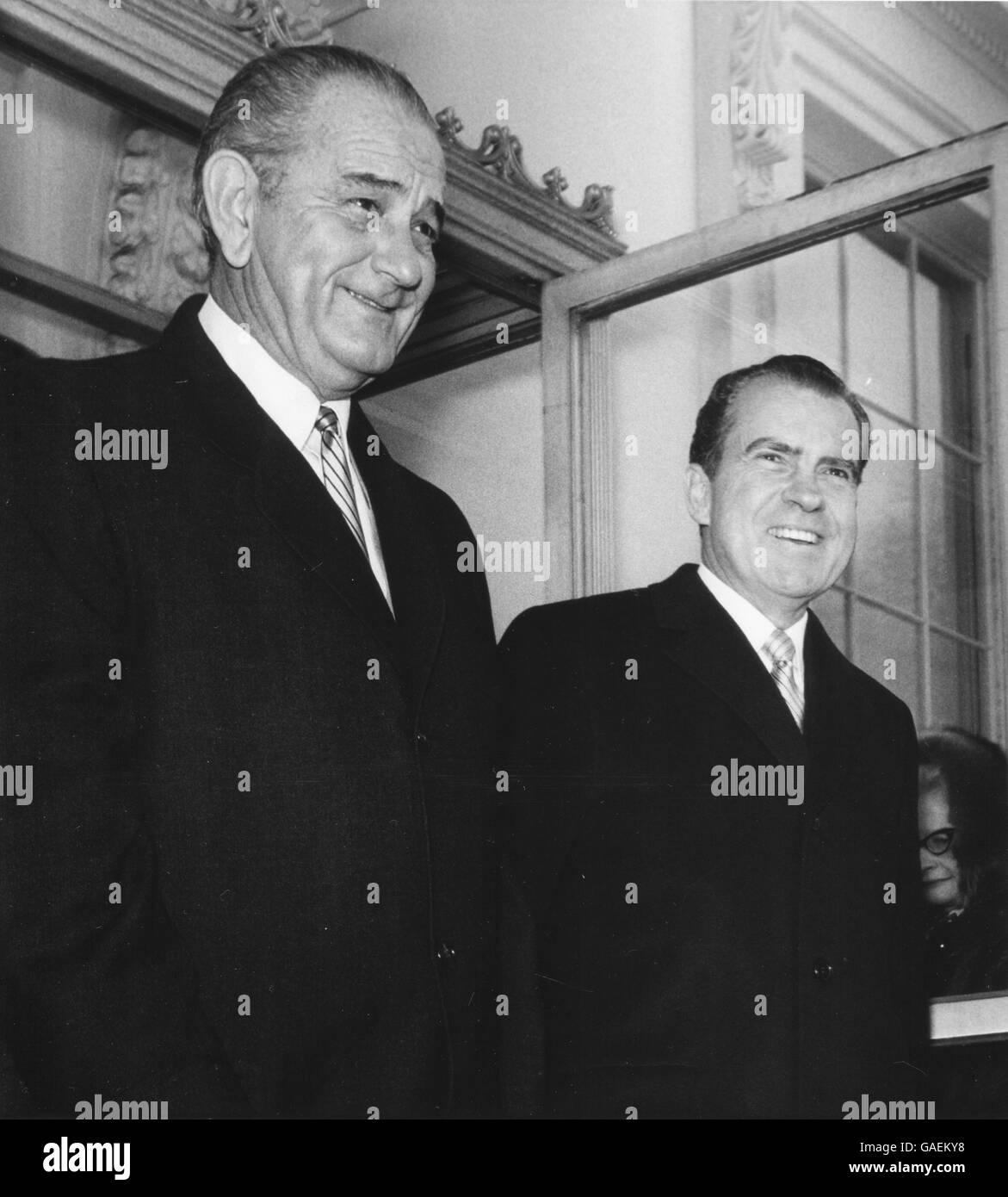 Präsident Lyndon B. Johnson und gewählter Präsident Richard M. Nixon vor Nixons Einweihung. Stockfoto