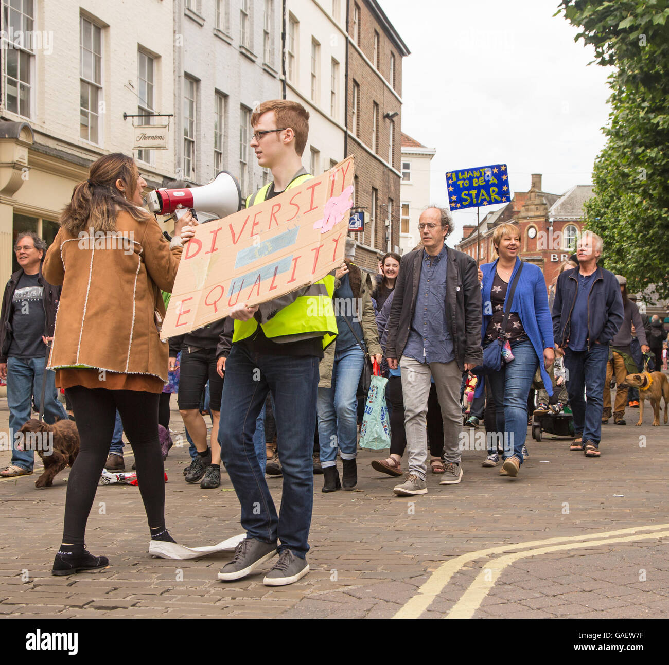 York, England. 2. Juli 2016 über 1000 Unterstützer von Großbritannien bleiben in der Europäischen Union (EU) marschierten durch York. Stockfoto