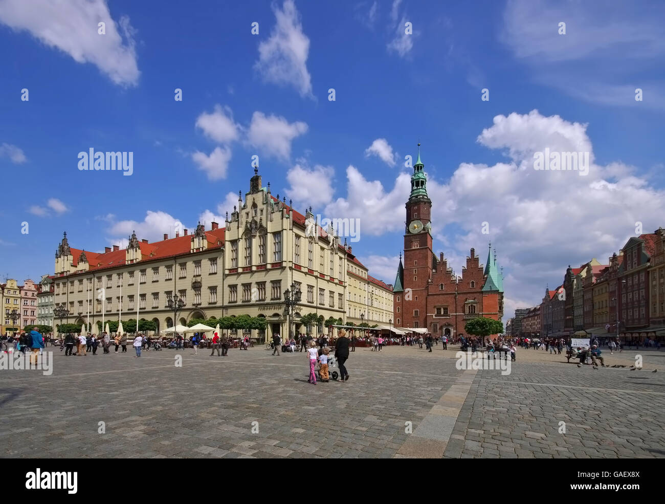 Rathaus von Breslau - Wroclaw, das alte gotische Rathaus und Hauptplatz Stockfoto