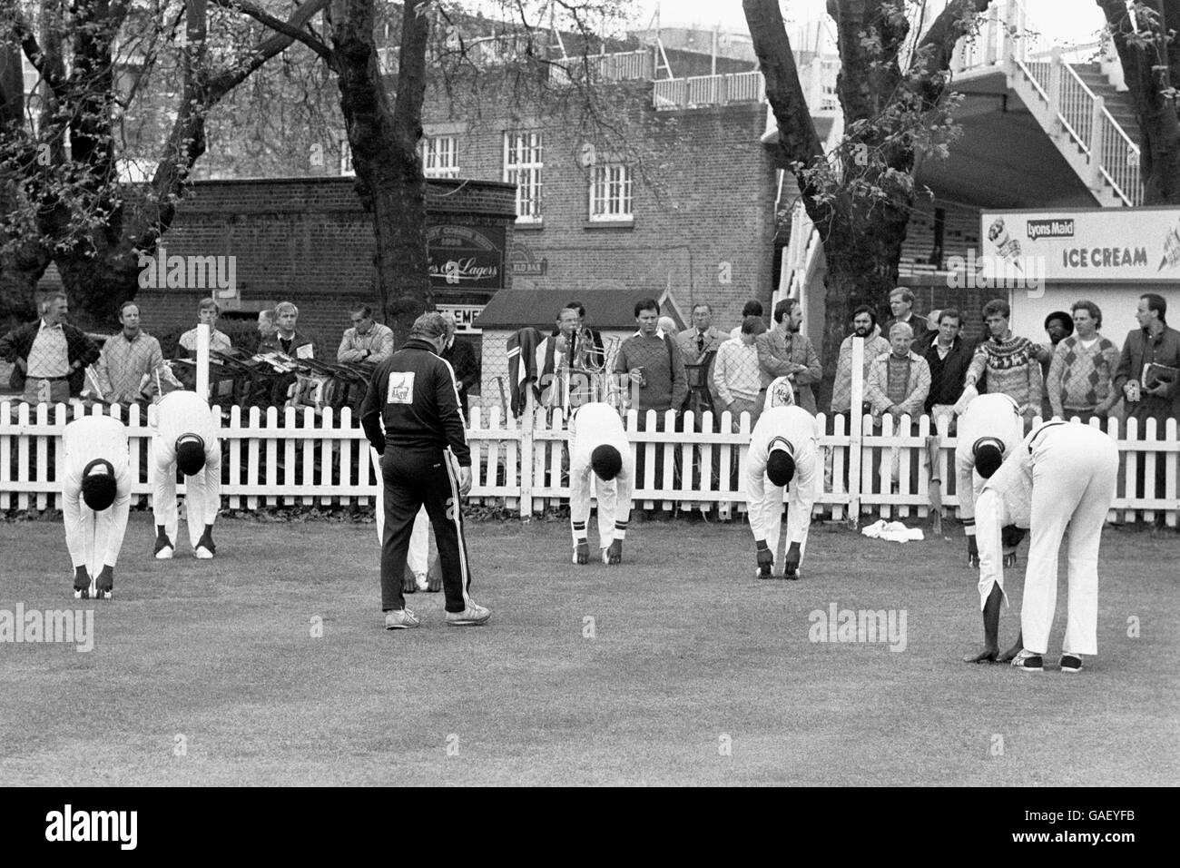 Die westindischen Touristen wärmen sich am Lords Cricket Ground auf. Eine große Anzahl von Zuschauern schaut zu, wie die Touristen sich auf ihr Spiel gegen England vorbereiten. Stockfoto