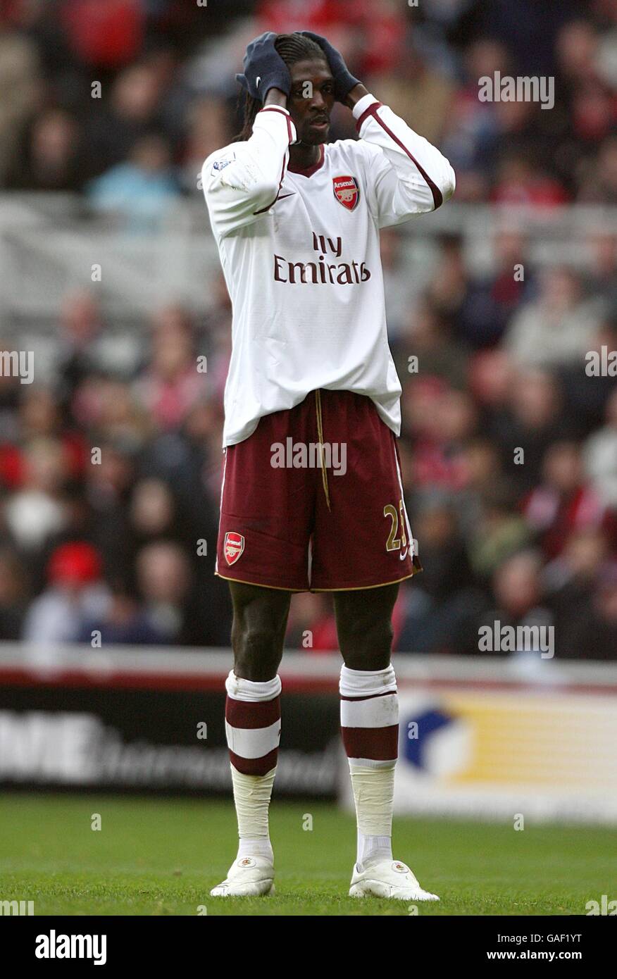 Fußball - Barclays Premier League - Middlesbrough / Arsenal - Riverside Stadium. Emmanuel Adebayor von Arsenal verpaßt eine Chance. Stockfoto