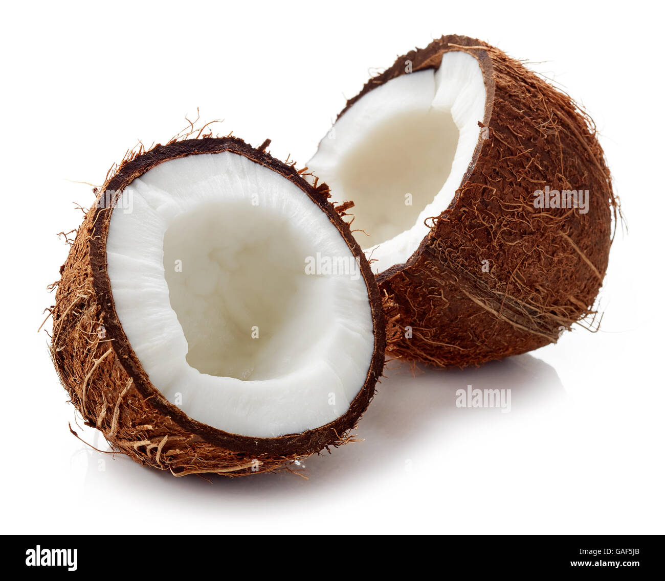 Nahaufnahme einer Kokosnuss isoliert auf weißem Hintergrund Stockfoto