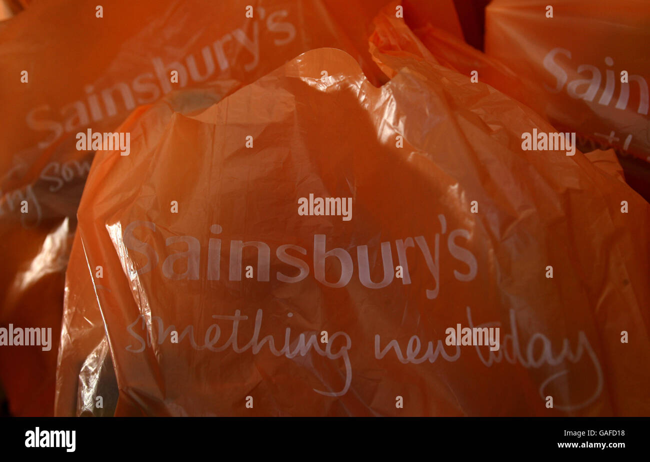 Einkaufsbestand. Sainsbury's Tragetaschen. Stockfoto