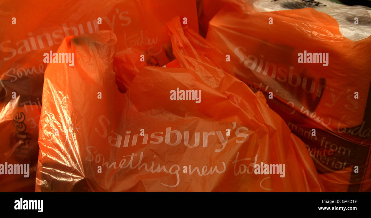 Einkaufsbestand. Sainsbury's Tragetaschen. Stockfoto