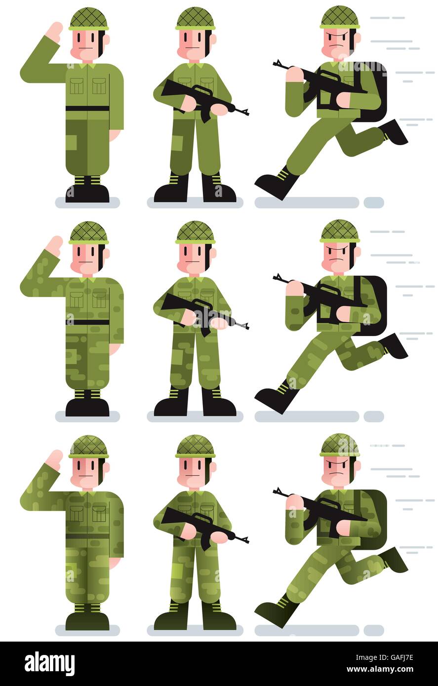 Flache Design-Darstellung des Soldaten in 3 Stellungen und 3 Farbvarianten. Stock Vektor