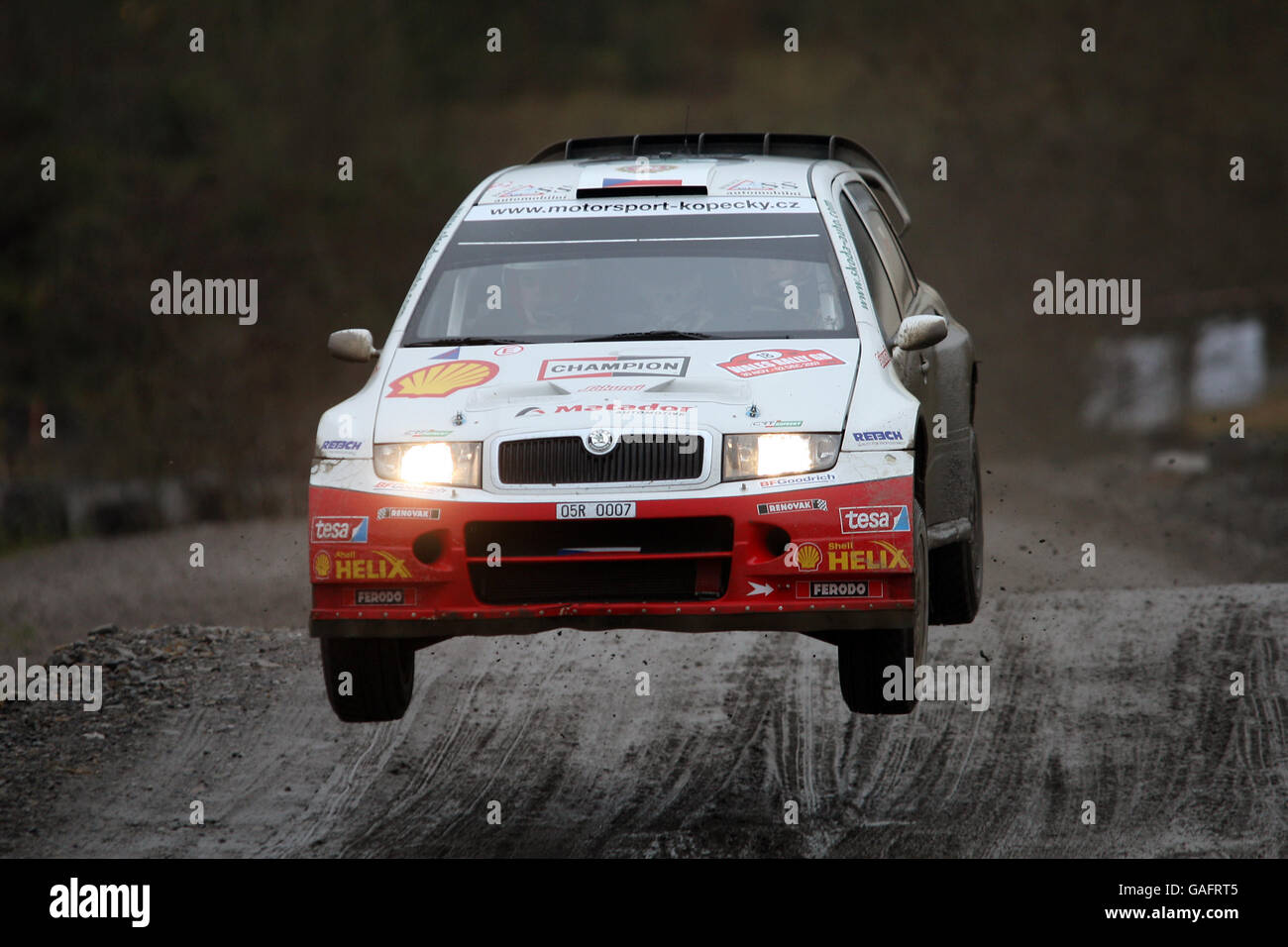 Jan Kopecky aus Tschechien im Kopecky Rally Team Skoda Fabia WRC in der Walters Arena auf der Rheola Special Stage der Wales Rally GB während der FIA World Rally Championship. Stockfoto